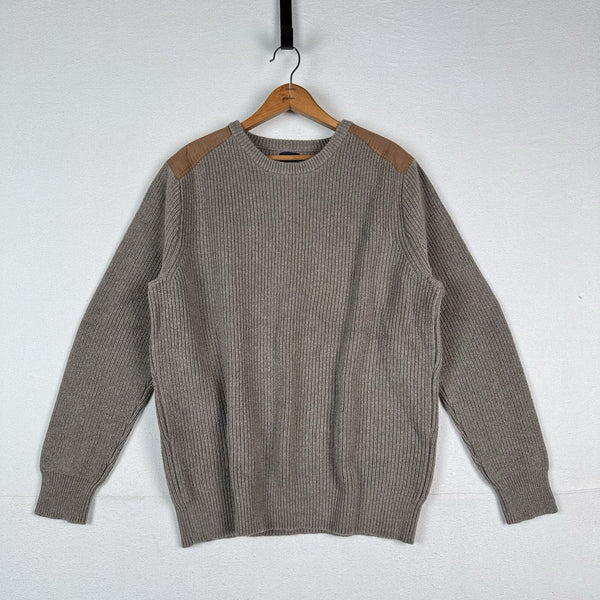 J. Crew Woodsman Men's XL Knit Sweater Shoulder Patches Cotton Crewneck Brown