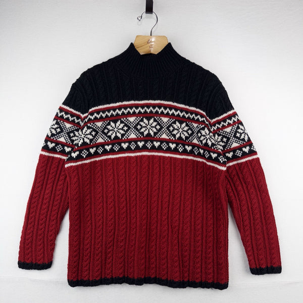 Lauren Ralph Lauren M Sweater 100% Worsted Wool Red Black Fair Isle Ski Snow