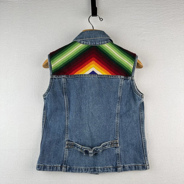 Vintage Levi's Denim Serape Blanket Medium Buckle Back Vest Red Tab Made USA