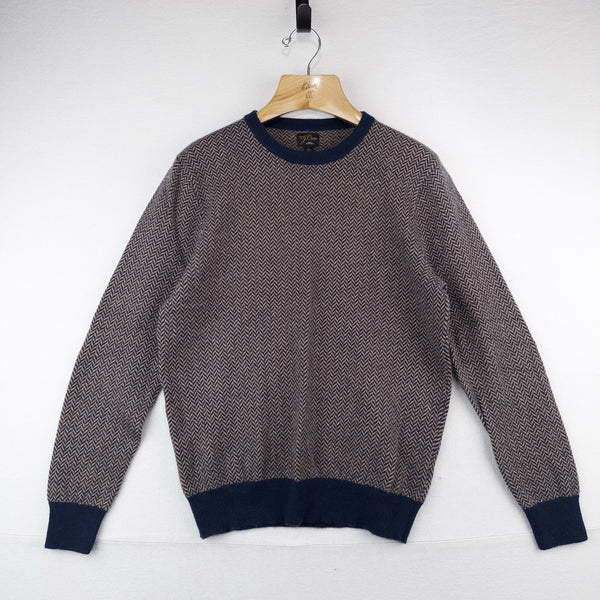 J.Crew 100% Cashmere Herringbone Jacquard Crewneck Sweater Men’s Large Blue Tan
