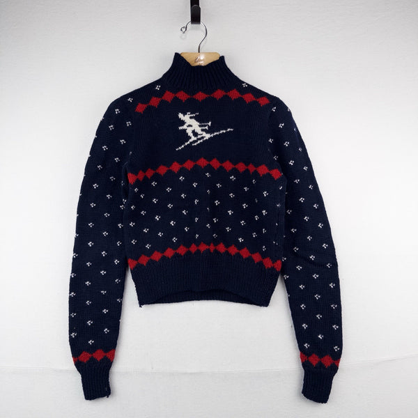 50’s Vtg Hand Knit Apres Ski Sweater Skier Blue Red Birds Eye Women’s S