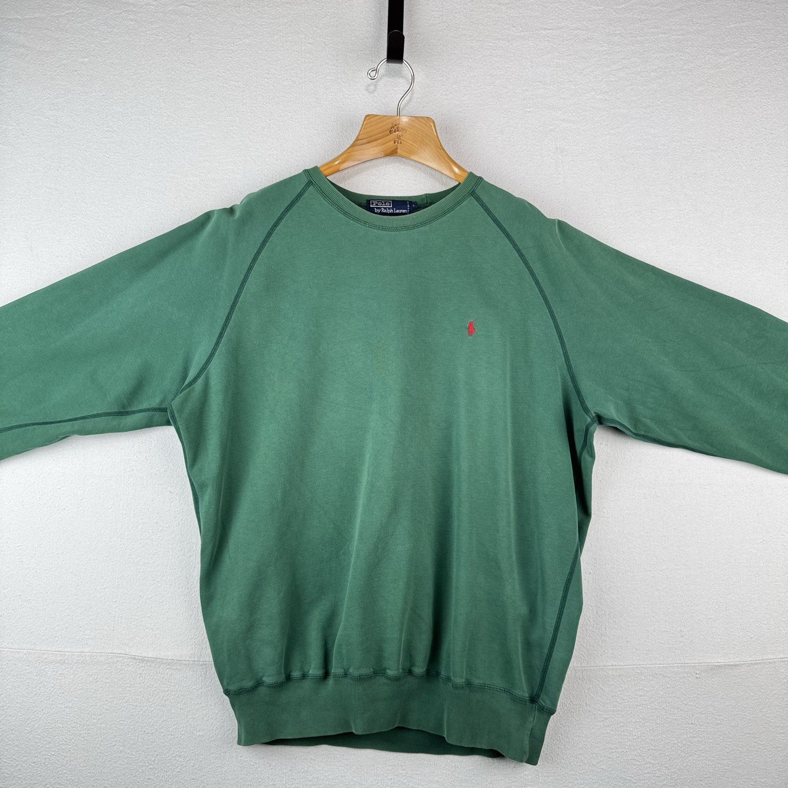 90’s Vtg Polo Ralph Lauren Crew Raglan Sweatshirt Men’s Large Green Sun-Faded