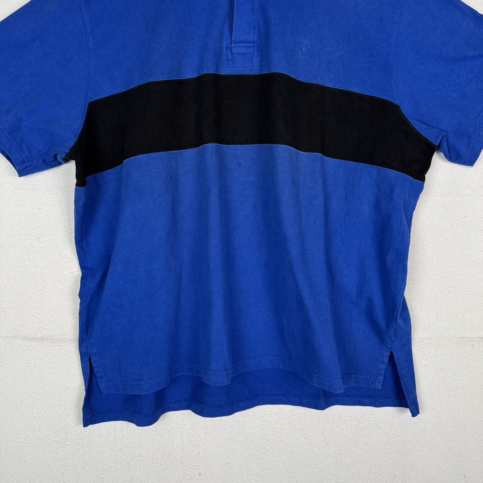 Vintage Polo Ralph Lauren Mens XL Short Sleeve Rugby Thick Soft Blue Stripe