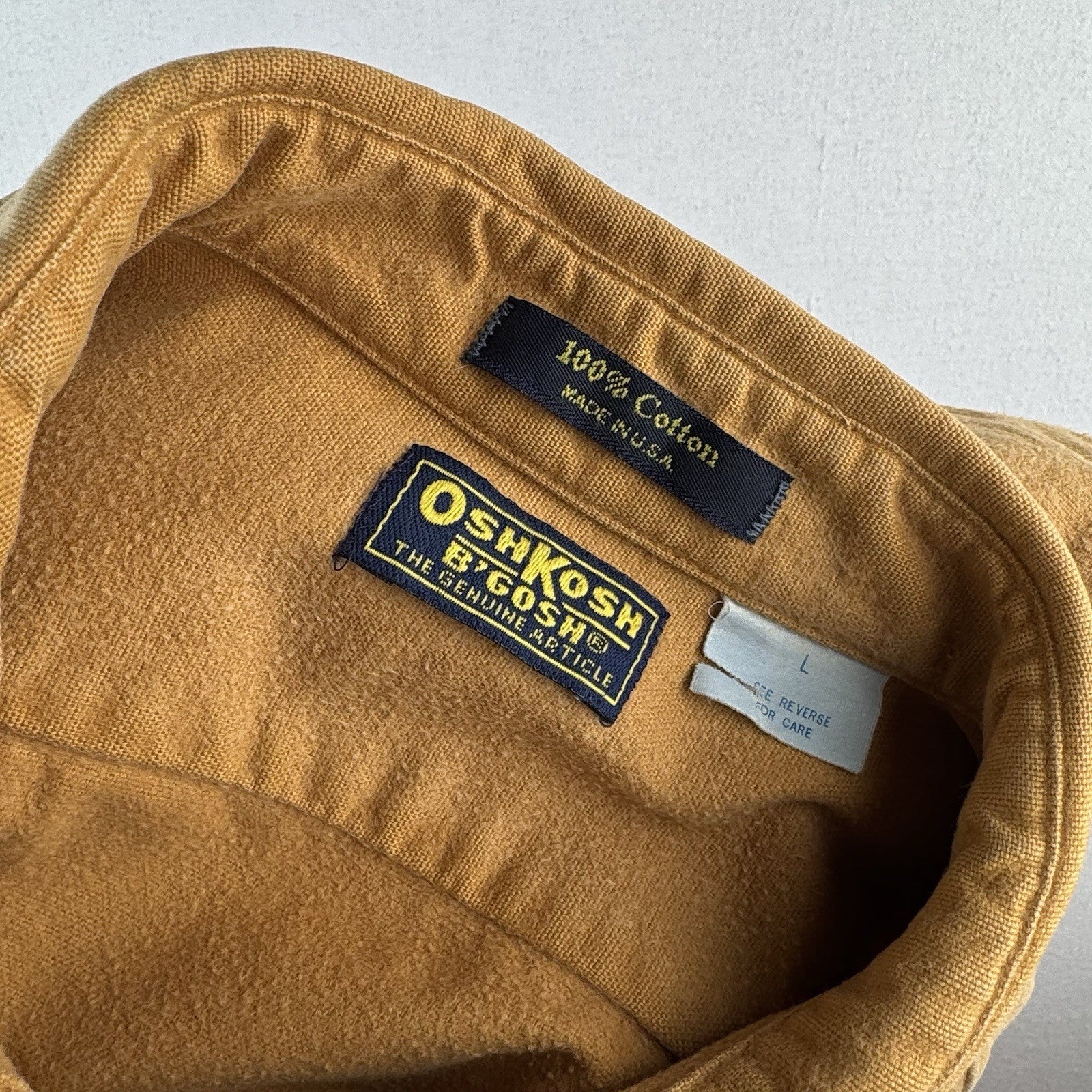 80’s Vtg OshKosh Bgosh Shirt Mens L Camel Tan Chamois Flannel Button USA Made