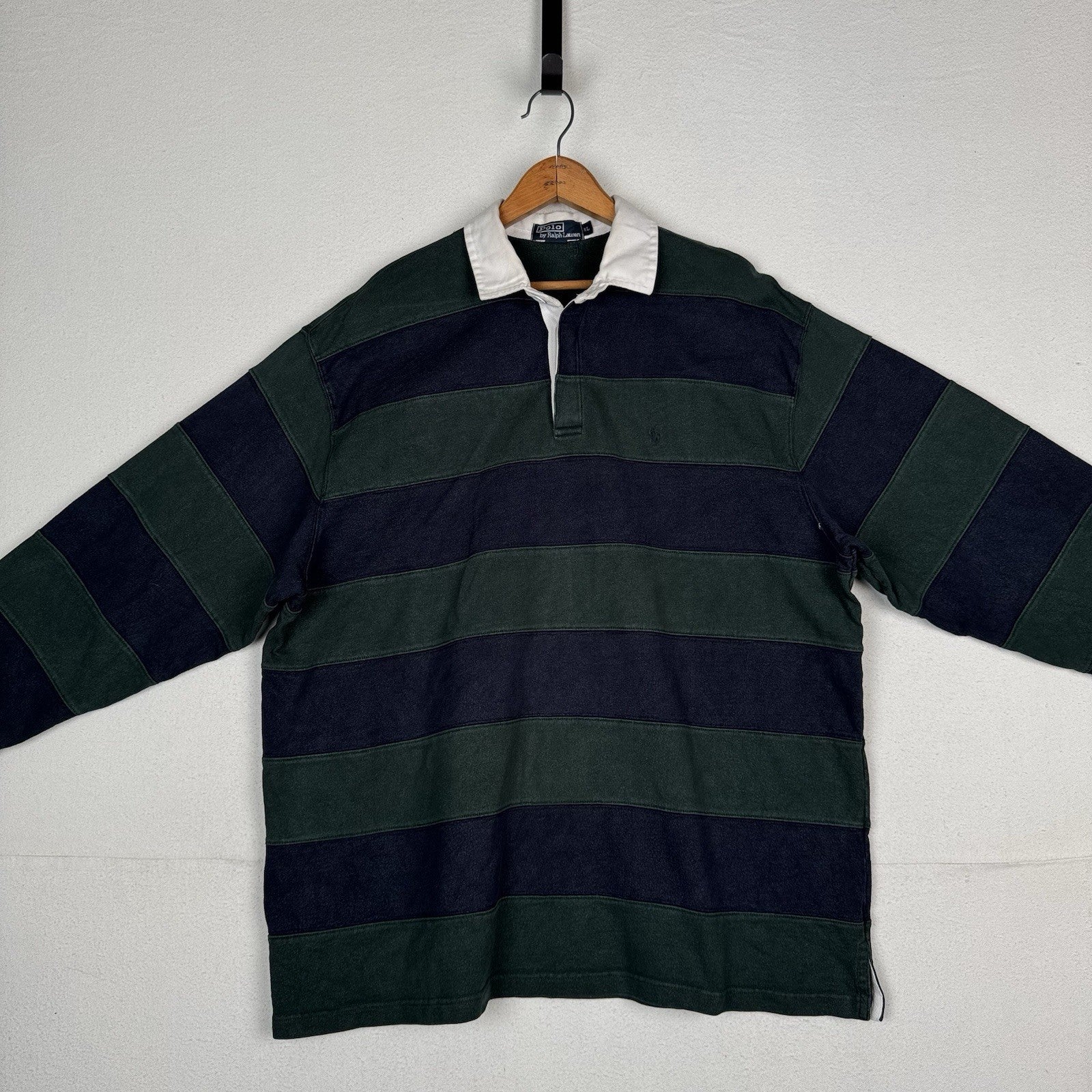 Vintage 90’s Polo Ralph Lauren Men's XL Stripe Banded Green Blue Rugby Shirt