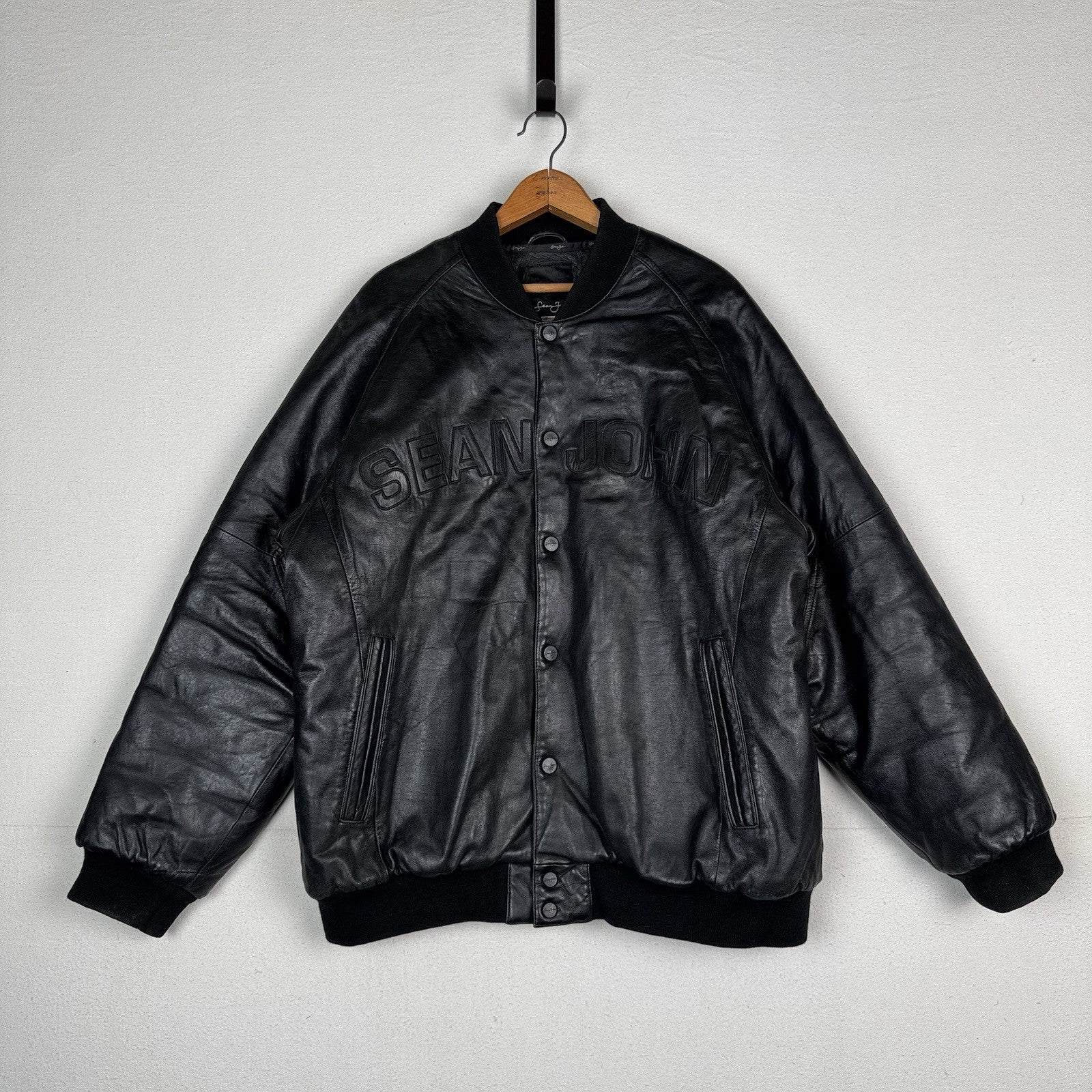 Vtg Sean John Soft Leather Bomber Jacket 2XL Black Puffy Hip Hop Streetwear