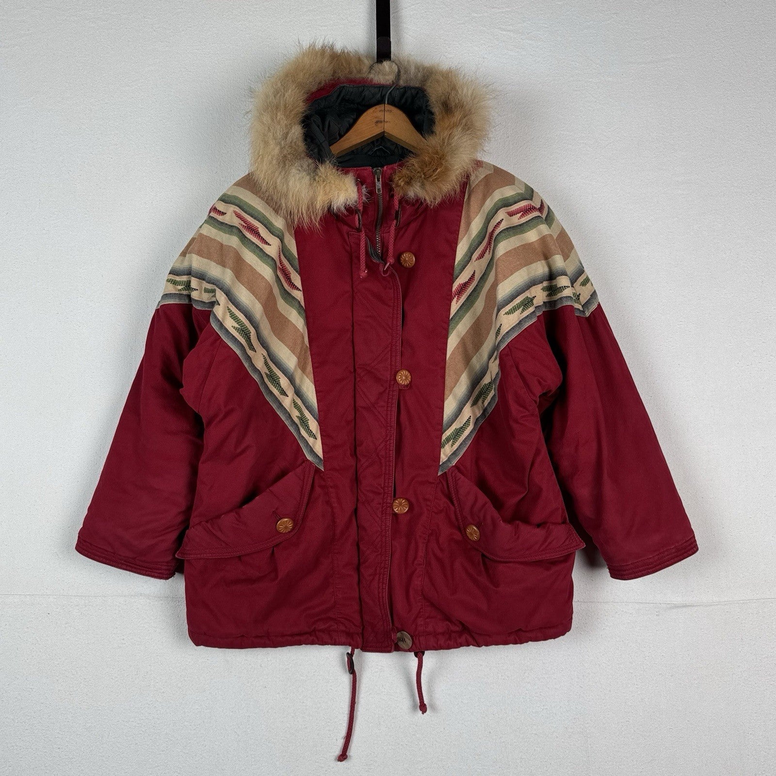 Vintage 80s Mulberry Street Aztec Parka Fox Tail Fur Hood Zip Jacket Women’s M