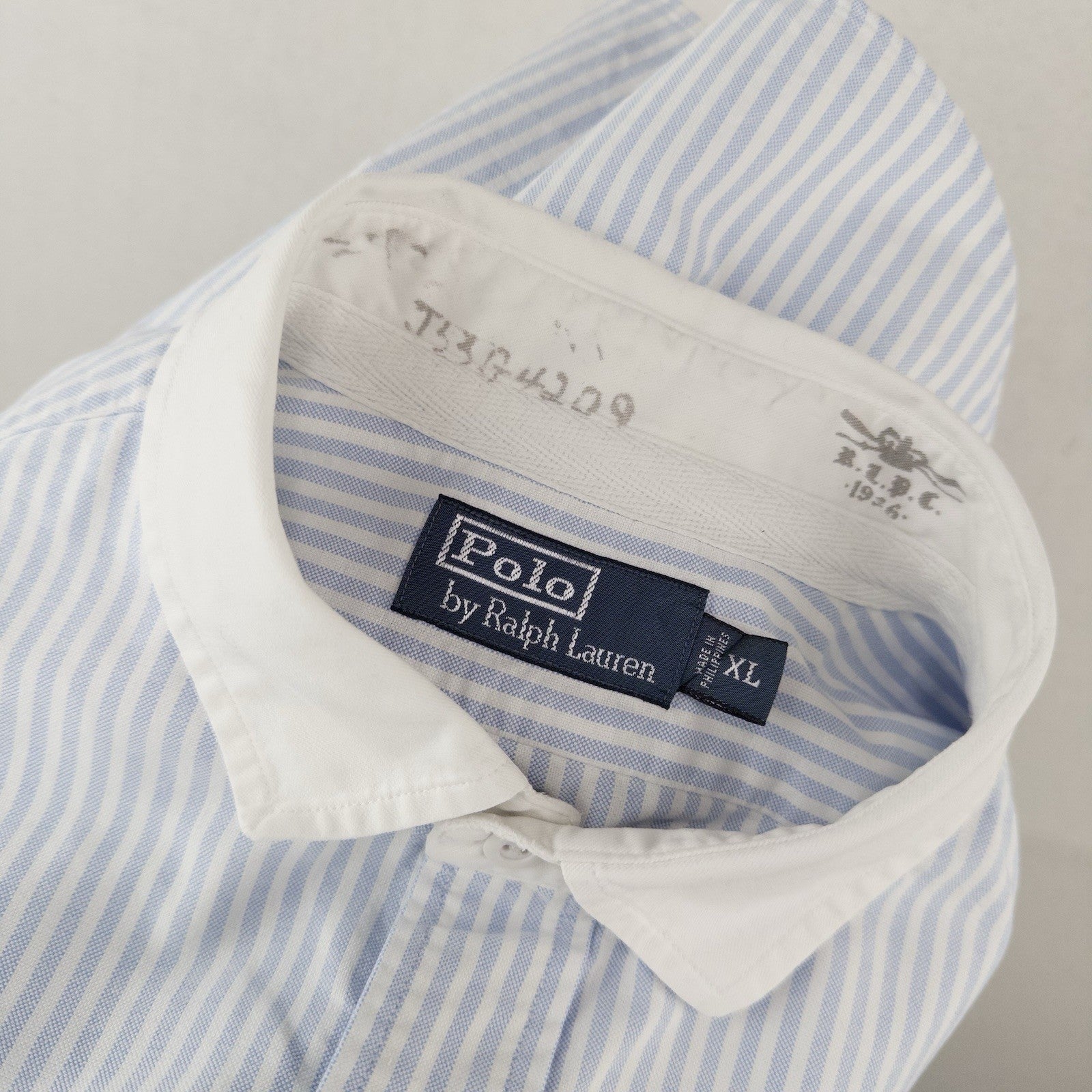 90’s Vtg Polo Ralph Lauren Blue White Pinstripe Winchester Club Collar Shirt XL