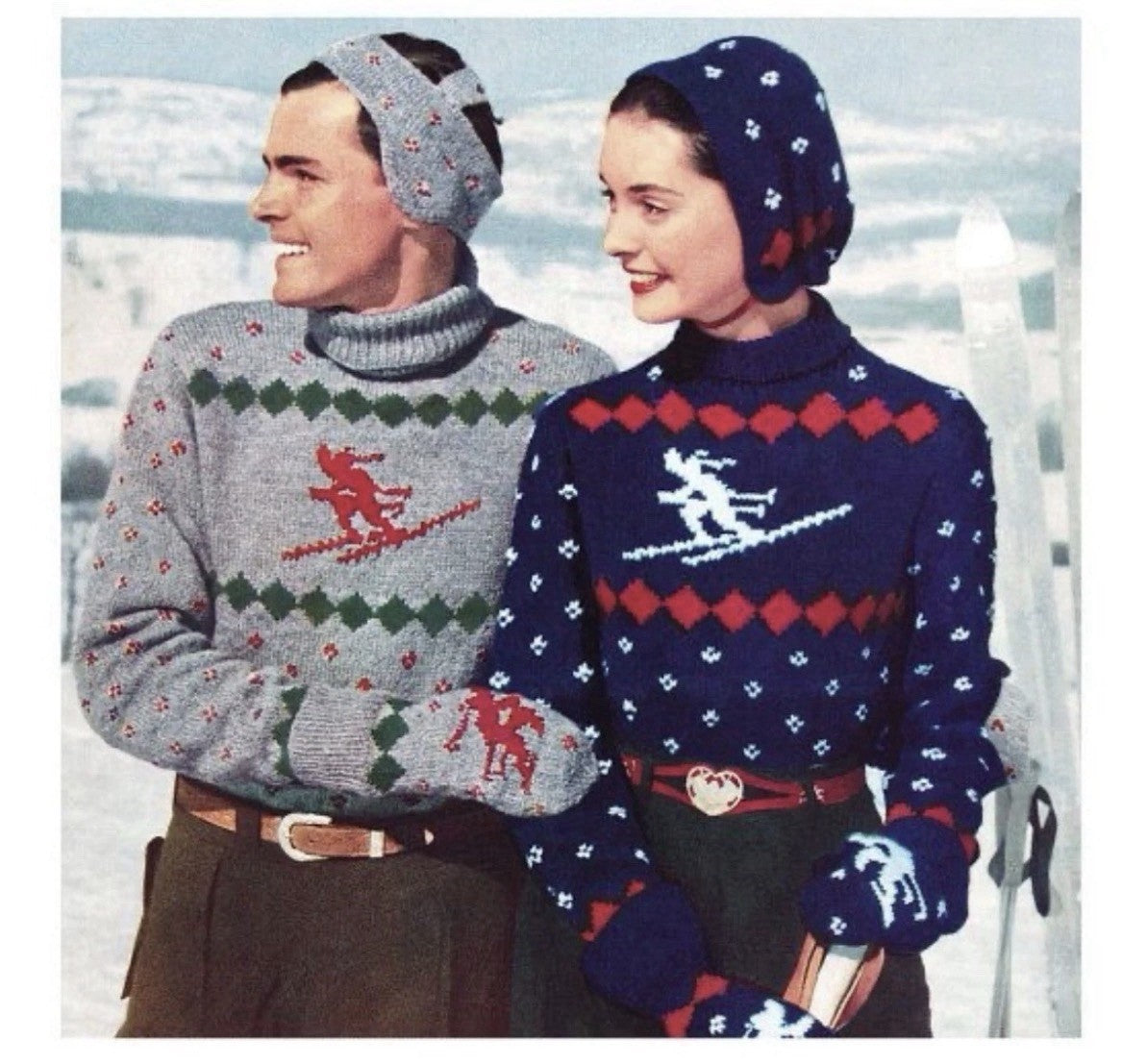 50’s Vtg Hand Knit Apres Ski Sweater Skier Blue Red Birds Eye Women’s S
