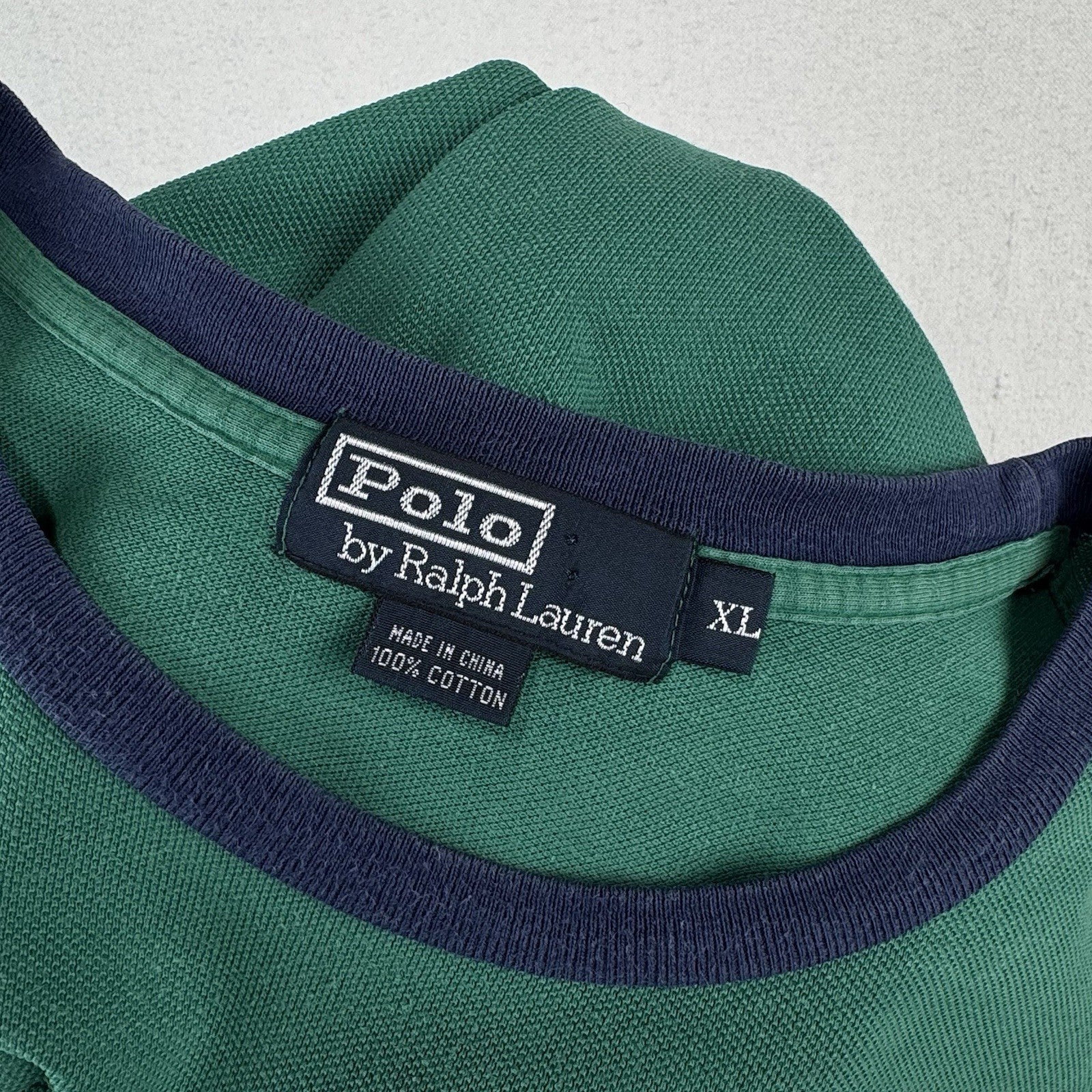 90's Vtg Polo Ralph Lauren Men's XL Green Ringer Crew Neck T-Shirt Pique Cotton