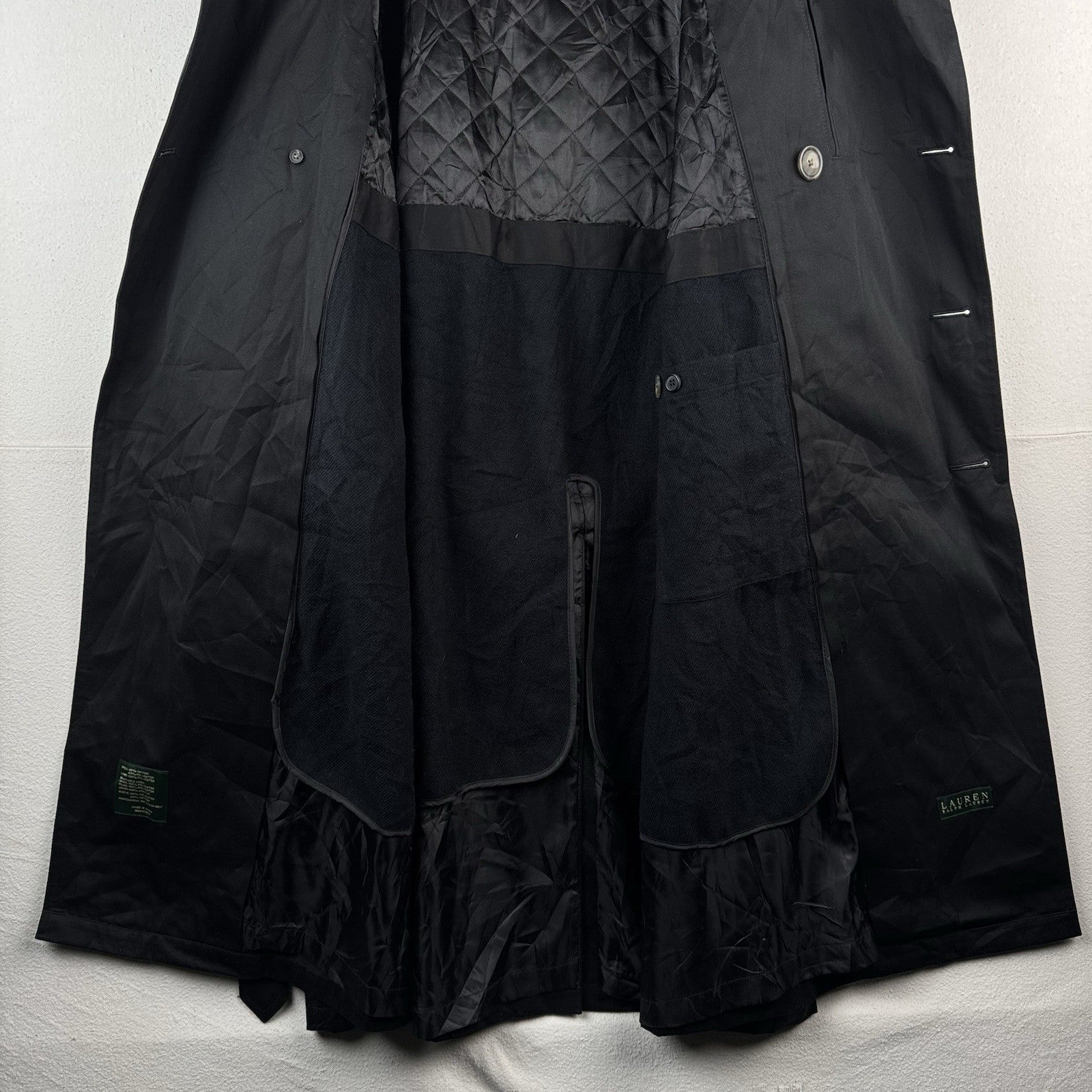Ralph Lauren Black Trench Coat OverCoat Quilted Cotton Blend Lined Insulated 48R