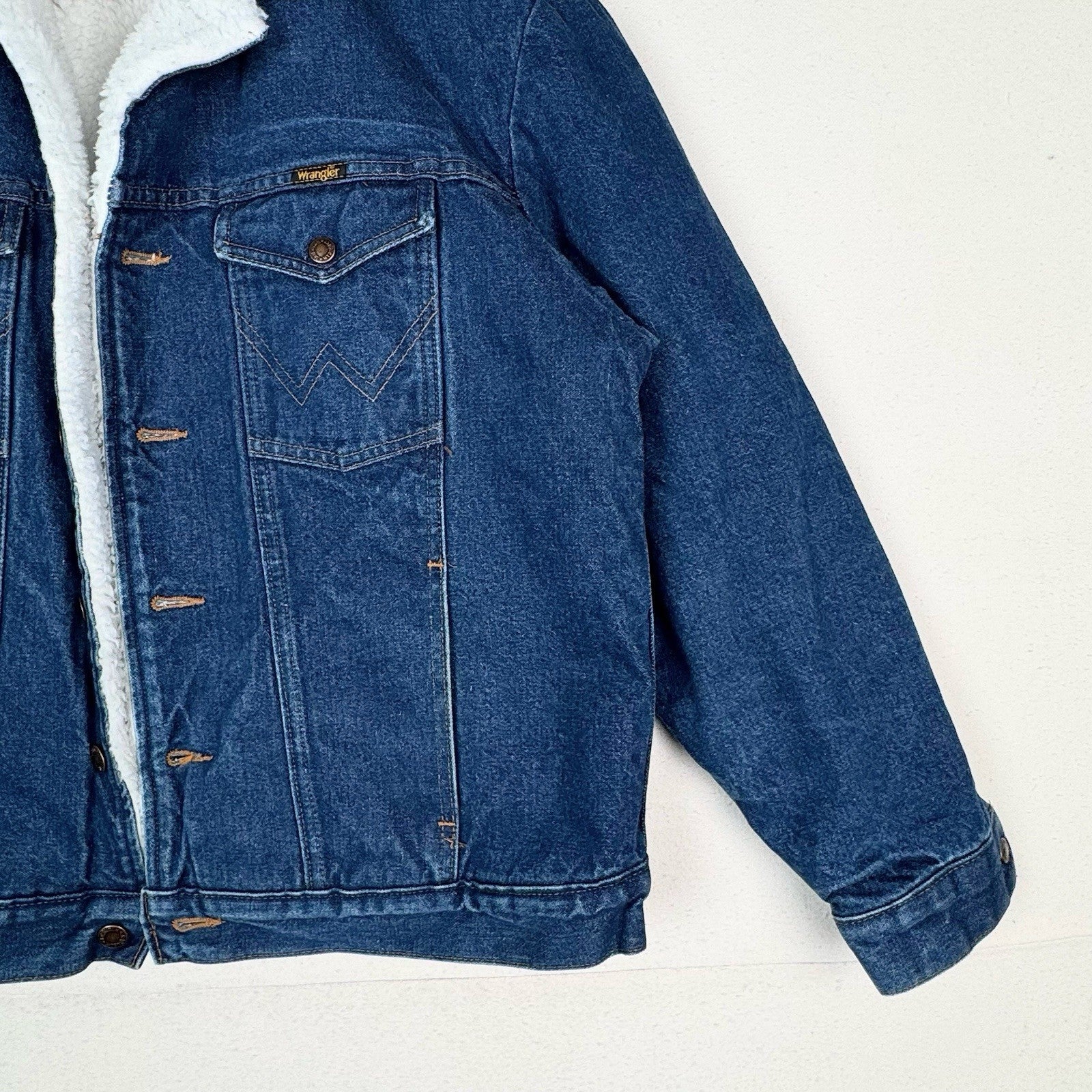 Vintage Wrangler Sherpa Denim Jean Trucker Jacket Men’s Large L Blue Made In USA
