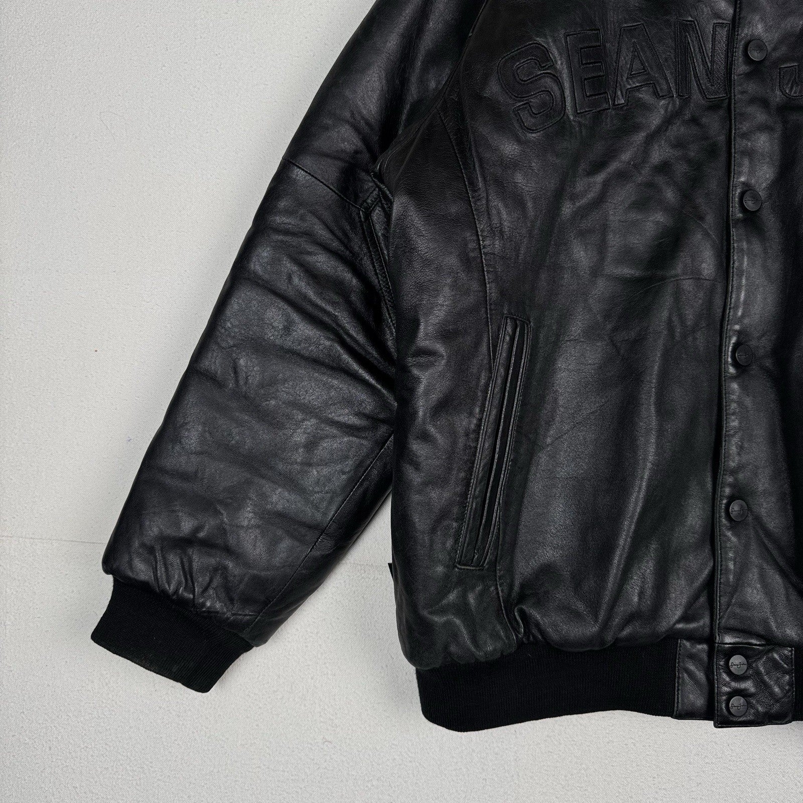 Vtg Sean John Soft Leather Bomber Jacket 2XL Black Puffy Hip Hop Streetwear