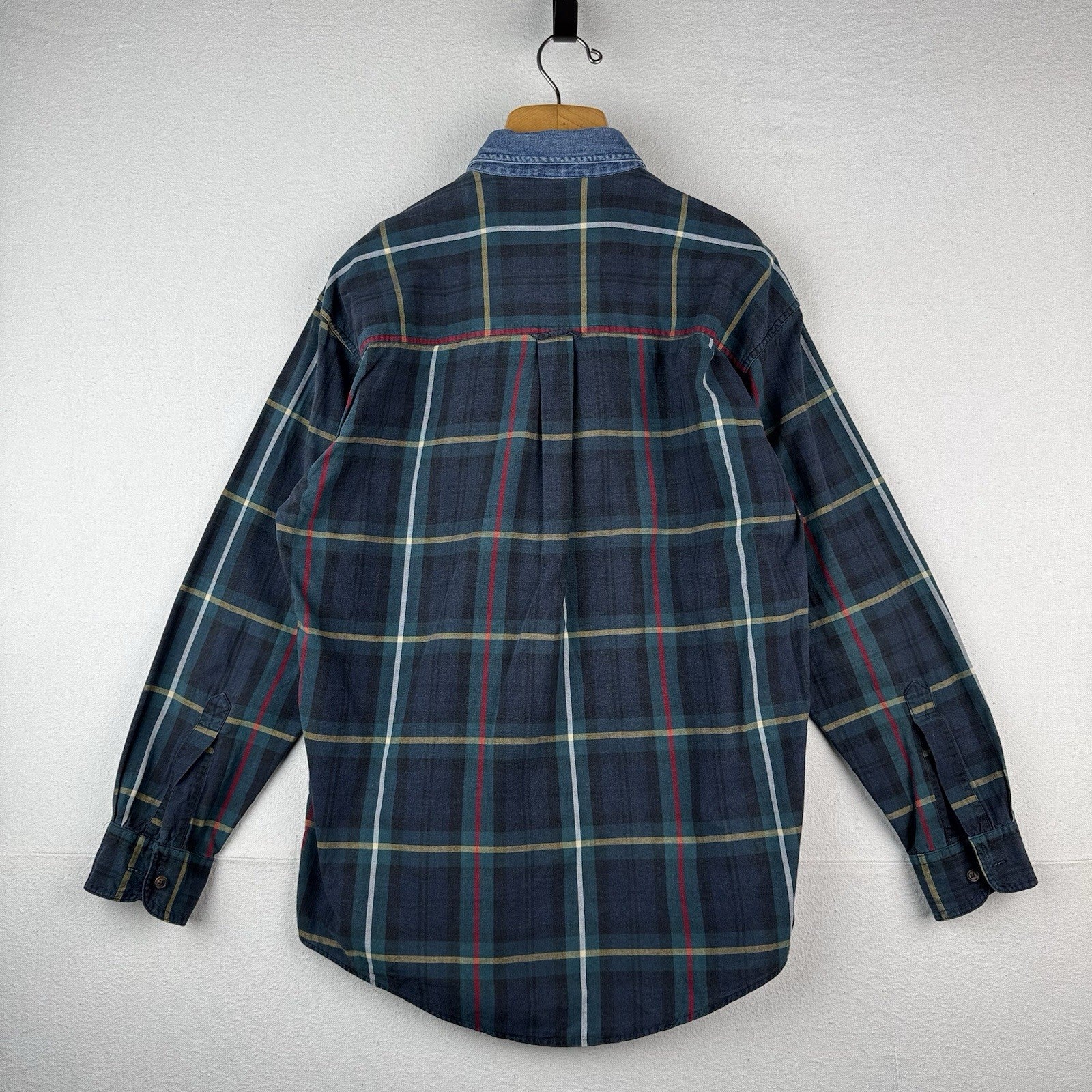 90’s Vtg Chaps Ralph Lauren Men’s M Blue Tartan Plaid Denim Collar Shirt