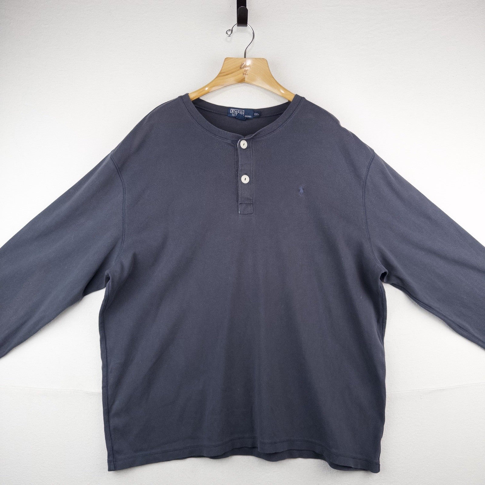 90’s Vtg Polo Ralph Lauren 2-button Henley Long Sleeve Blue Tee Shirt Mens 2XL