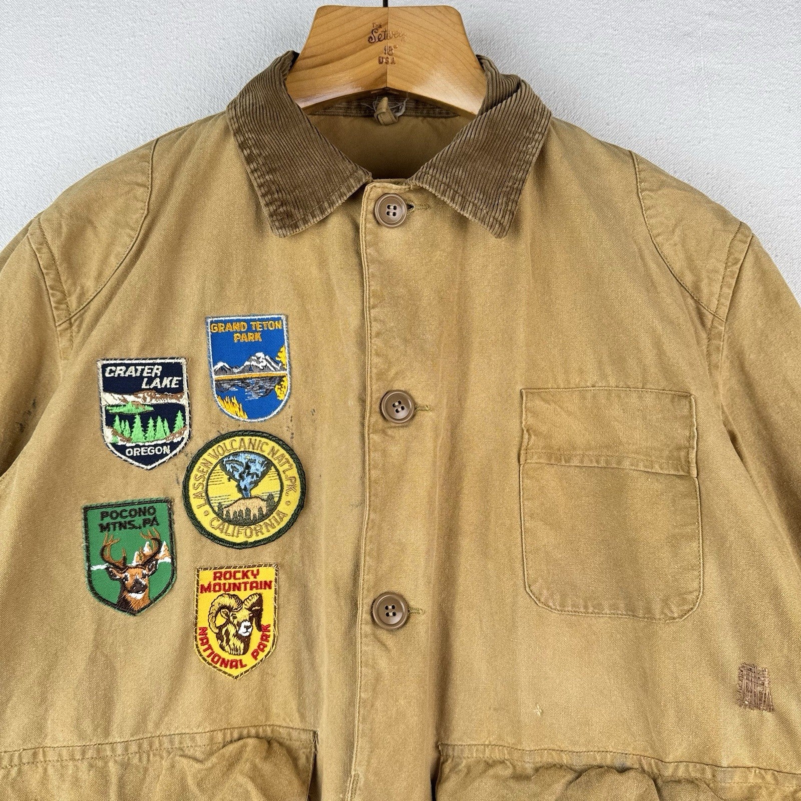 40s 50’s Vtg Hetterick Mfg Co Hunting Jacket Chore Coat Patches 46” USA *Read
