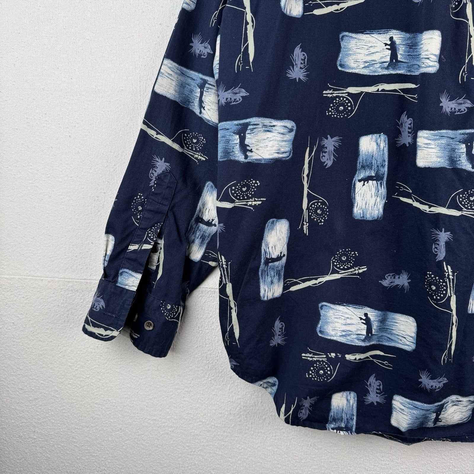 Fly Fishing Fisherman Men’s XL Navy Blue Button Up Shirt 100% Cotton Long Sleeve