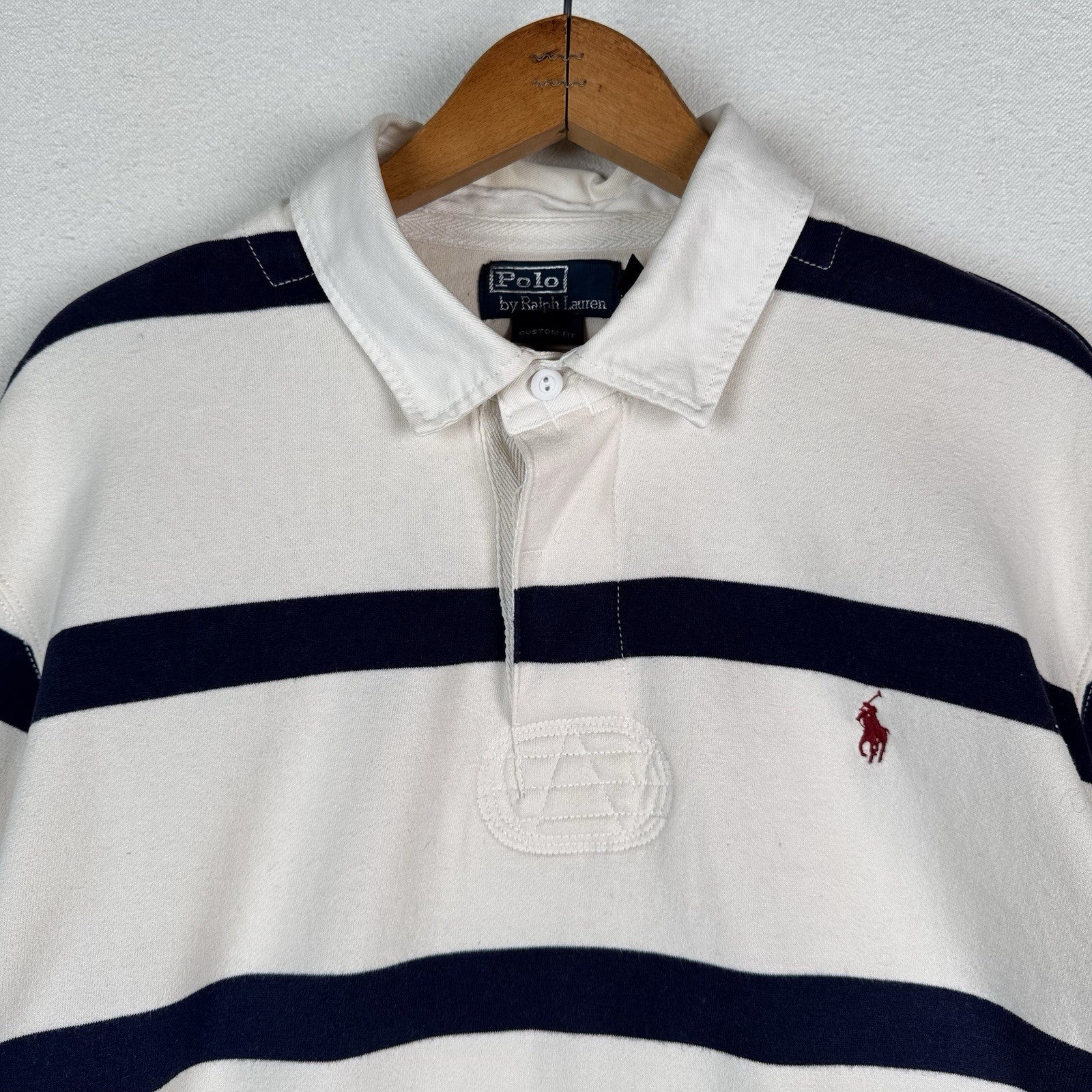 Vtg Polo Ralph Lauren Rugby Polo Shirt Men's XXL Custom Fit White Blue Striped