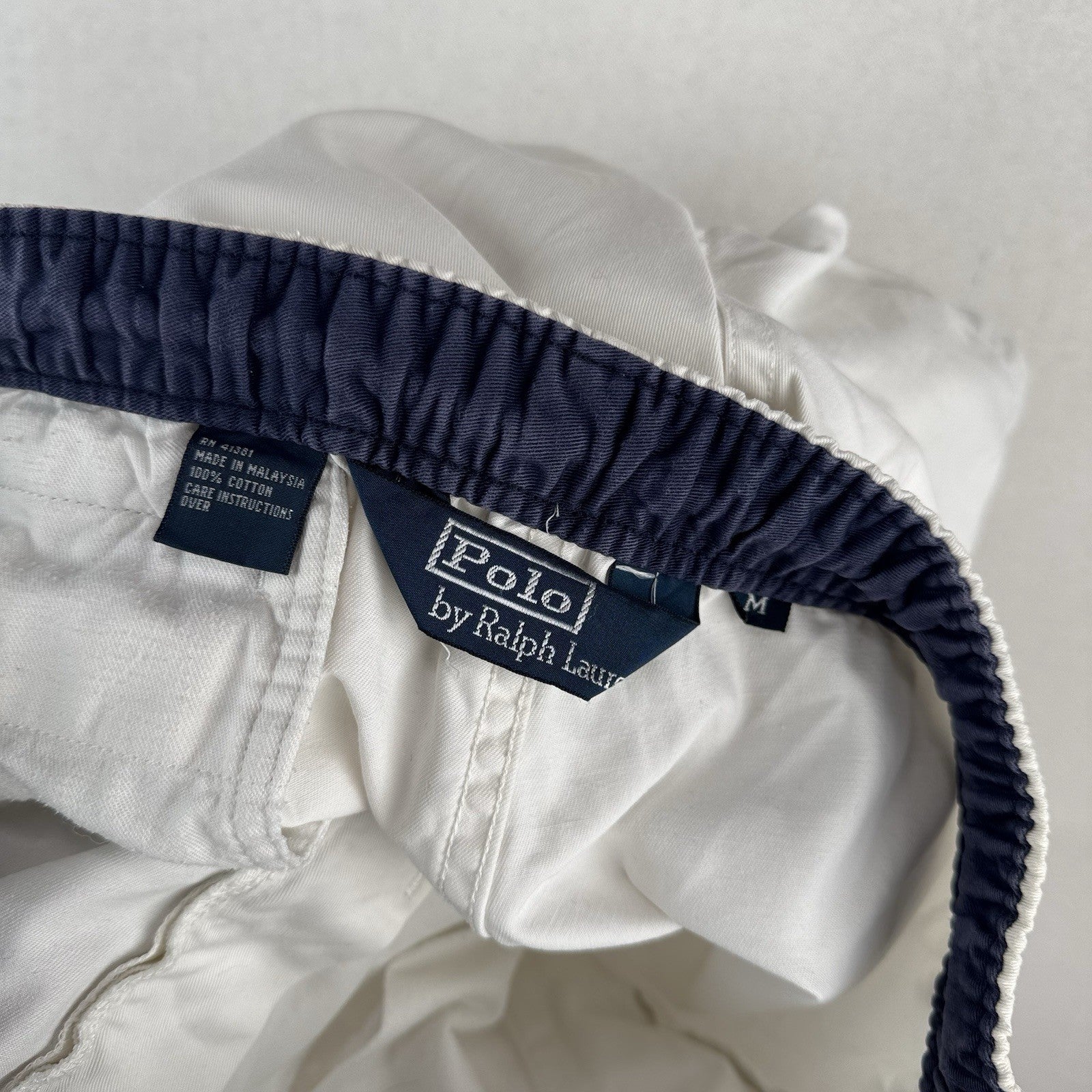 90's Vtg Polo Ralph Lauren Mens White M 100% Cotton Chino Drawstring Zip Shorts