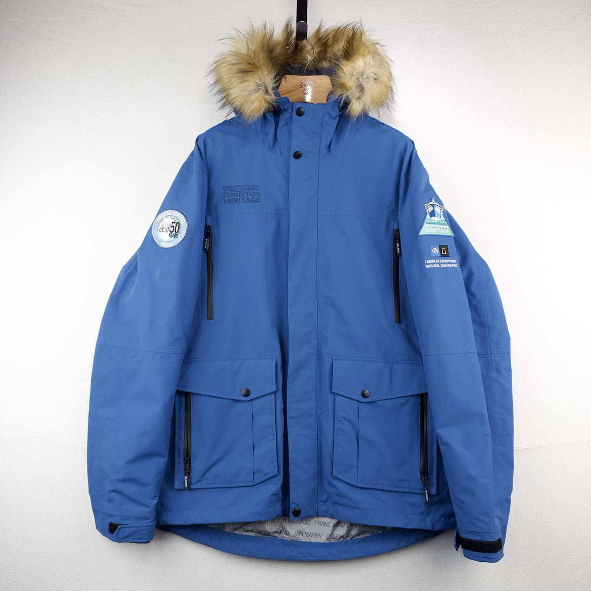 Lindblad Expeditions Men's XL Blue Parka Jacket Faux Fur Hood Waterproof Nat Geo