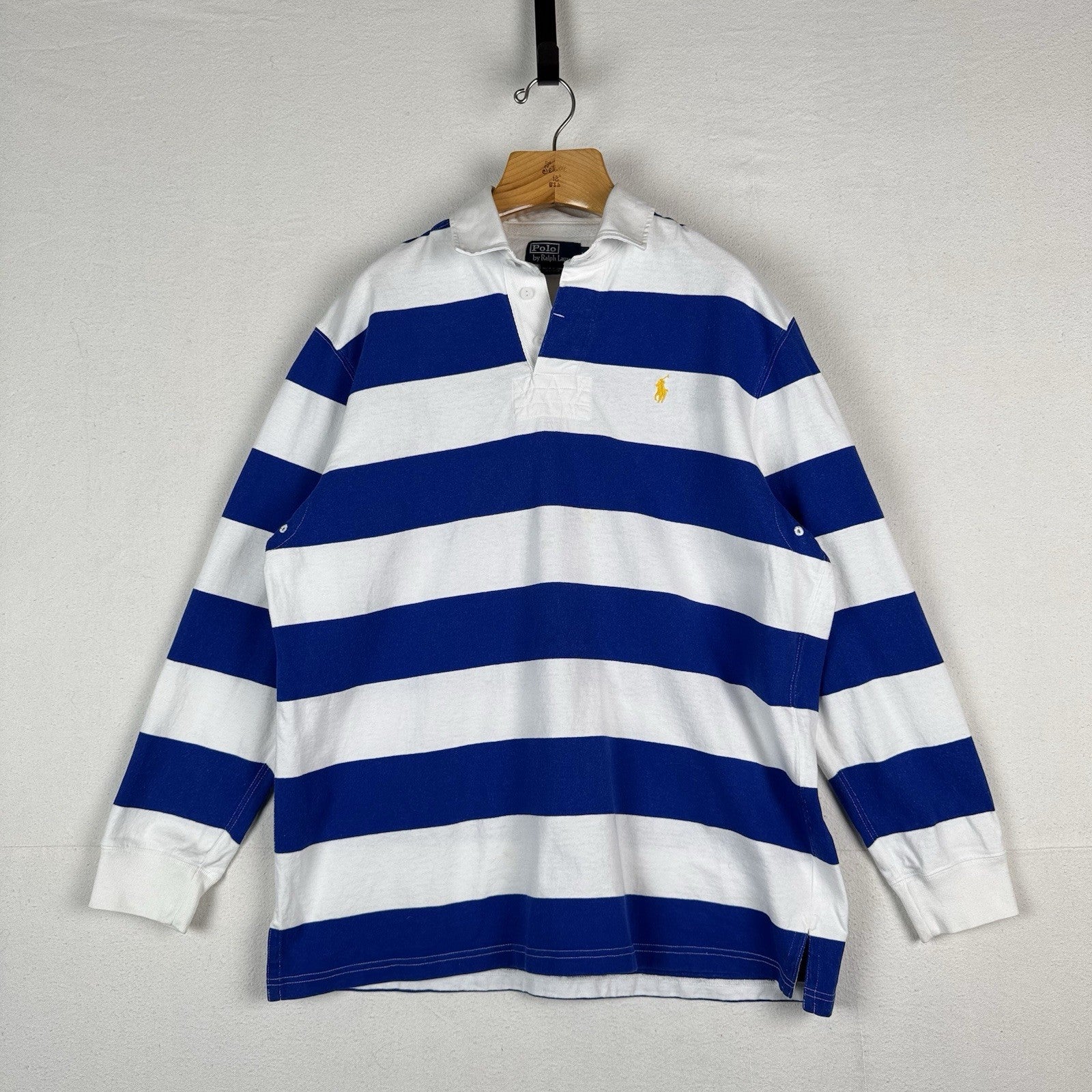 90’s Vintage Polo Ralph Lauren Rugby Shirt Mens Large Blue White Striped *Read