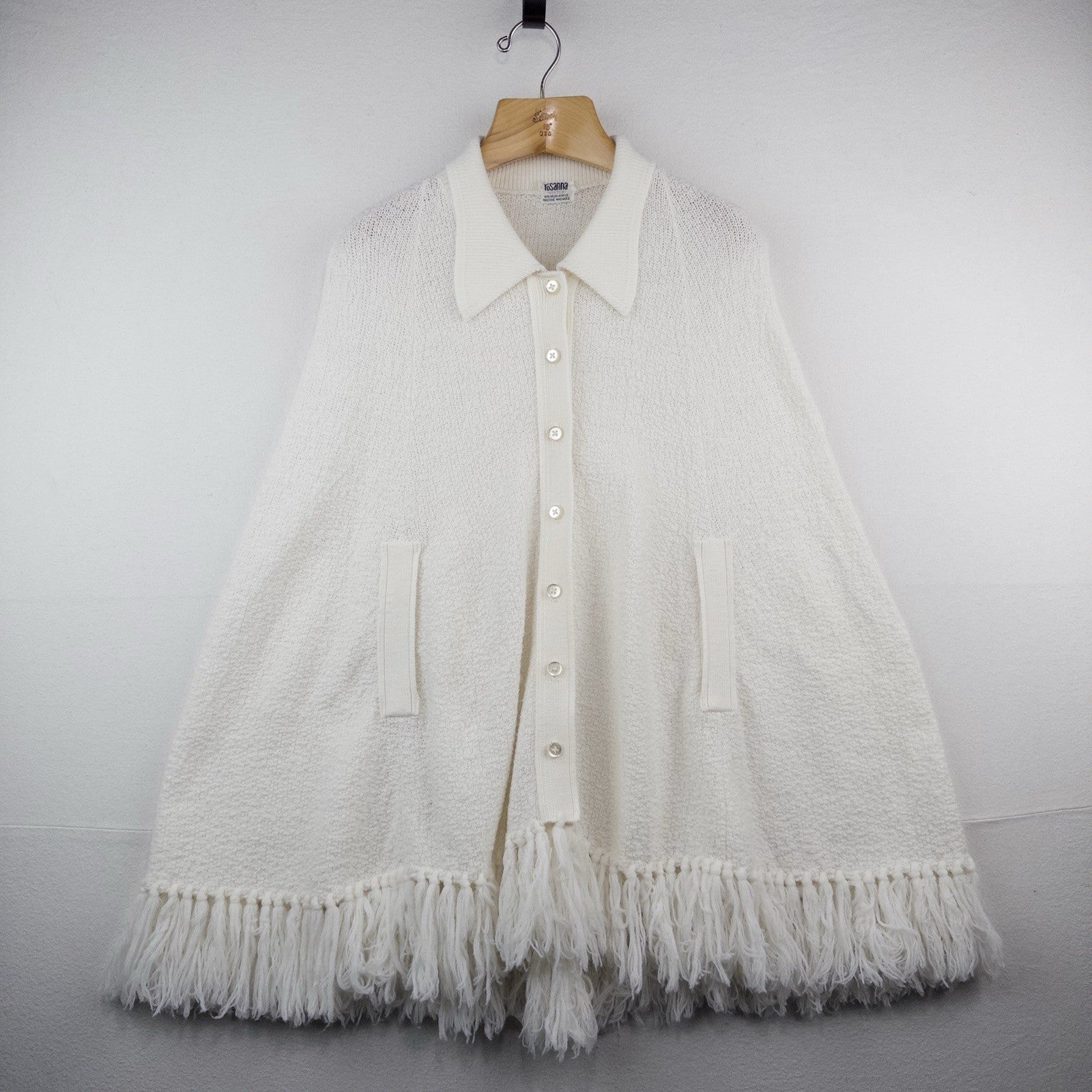 60’s Vtg Rosanna "Wintuk" Cream Knit Fringe Button Front Cape Sweater One Size