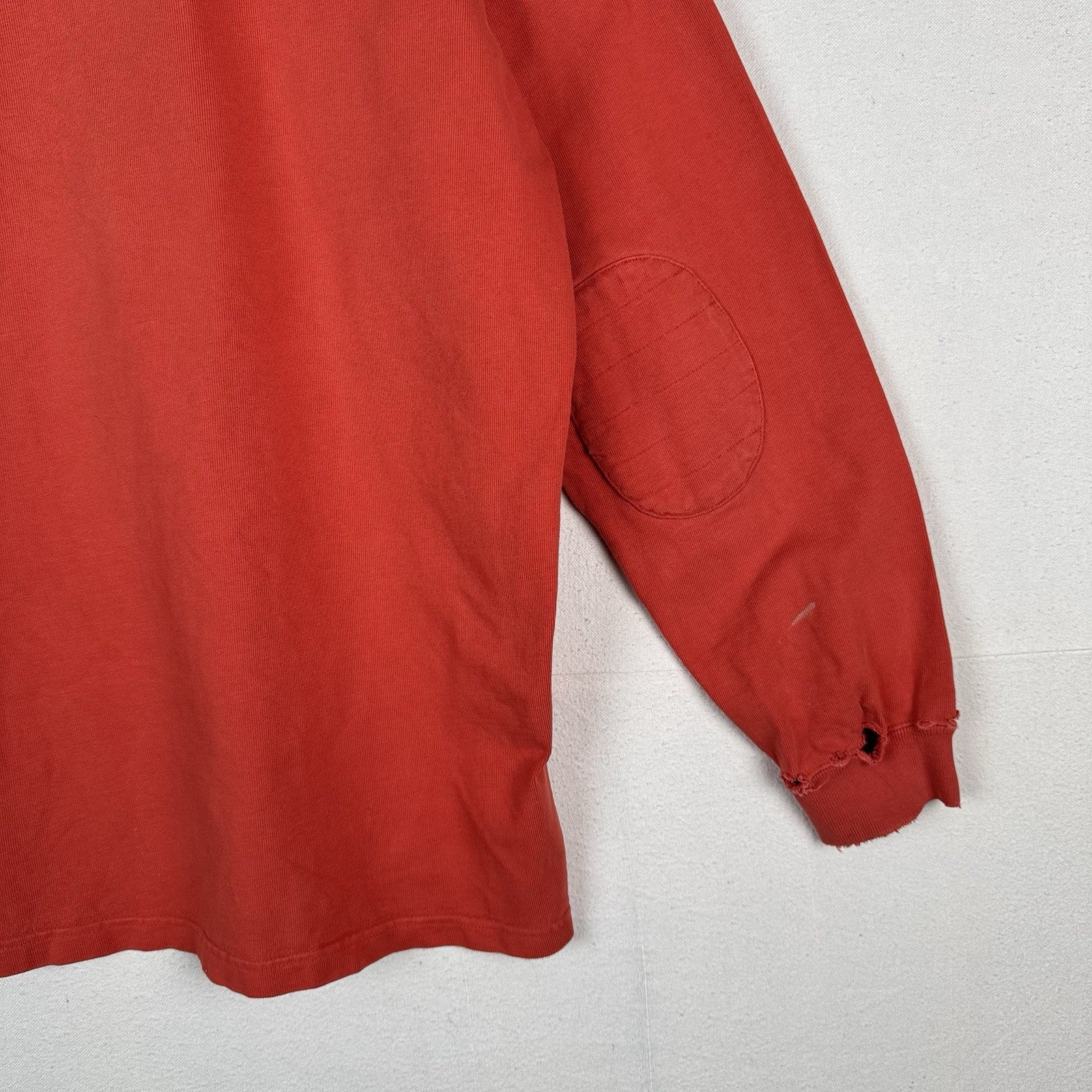 90’s Vtg Polo Ralph Lauren Rugby Shirt Mens L Orange Quilted Elbows *Distressed