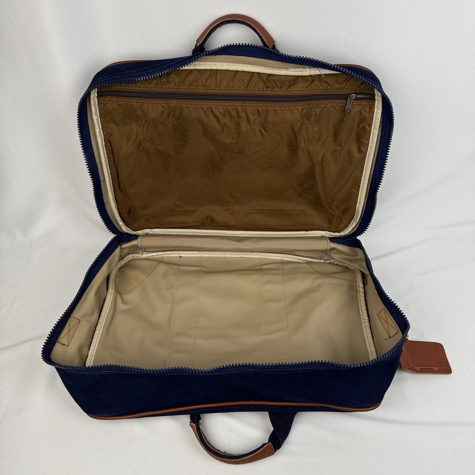 Vtg Lands End Square Rigger Weekender Bag Navy Blue Canvas Leather Luggage 20”