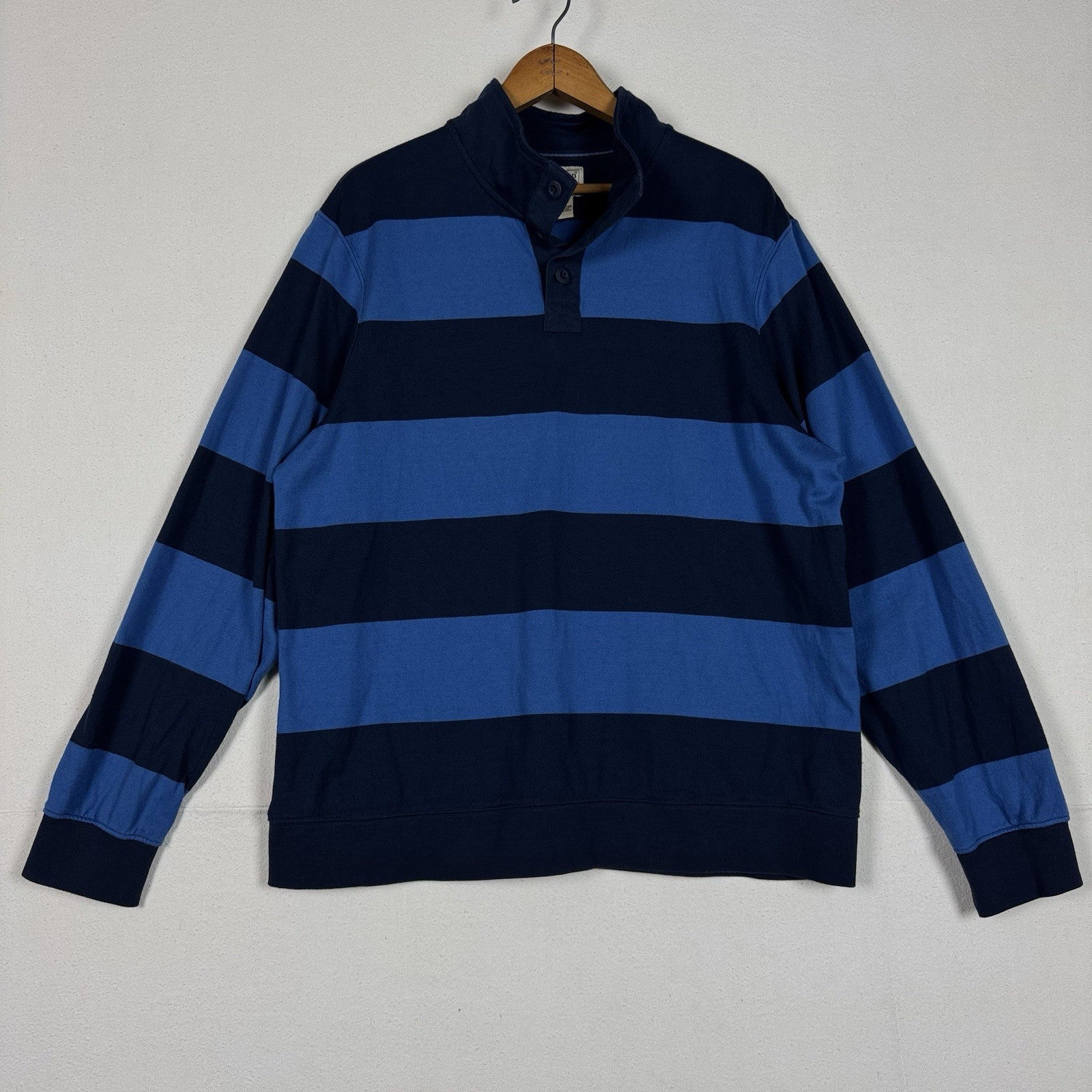 LL Bean Men's Bean's Vintage Soft Rugby, Mockneck, Stripe Sz L Blue