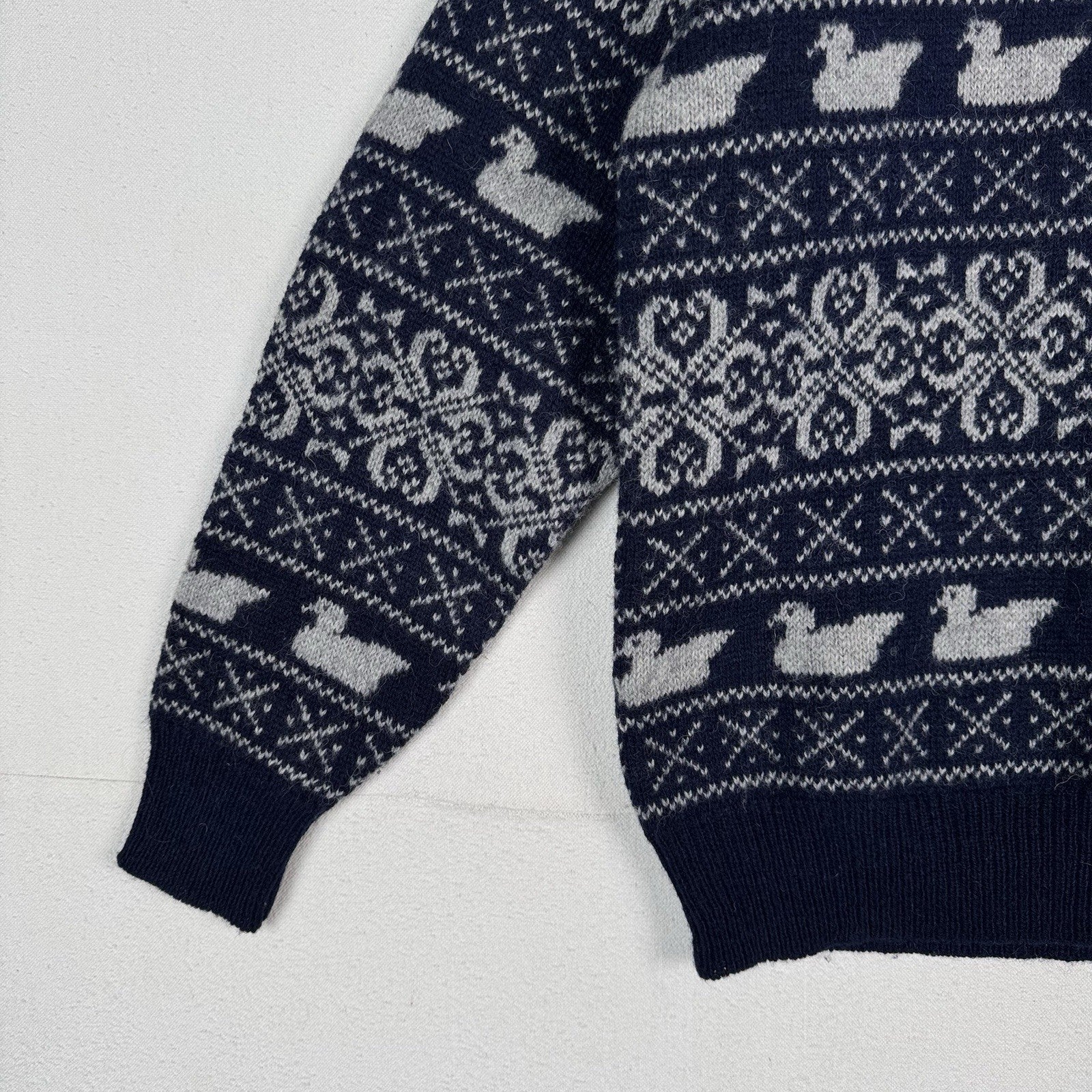 Vtg Woodstock Bernard Wool Fair Isle Ski Sweater Men’s M Blue Hand Knit Ducks