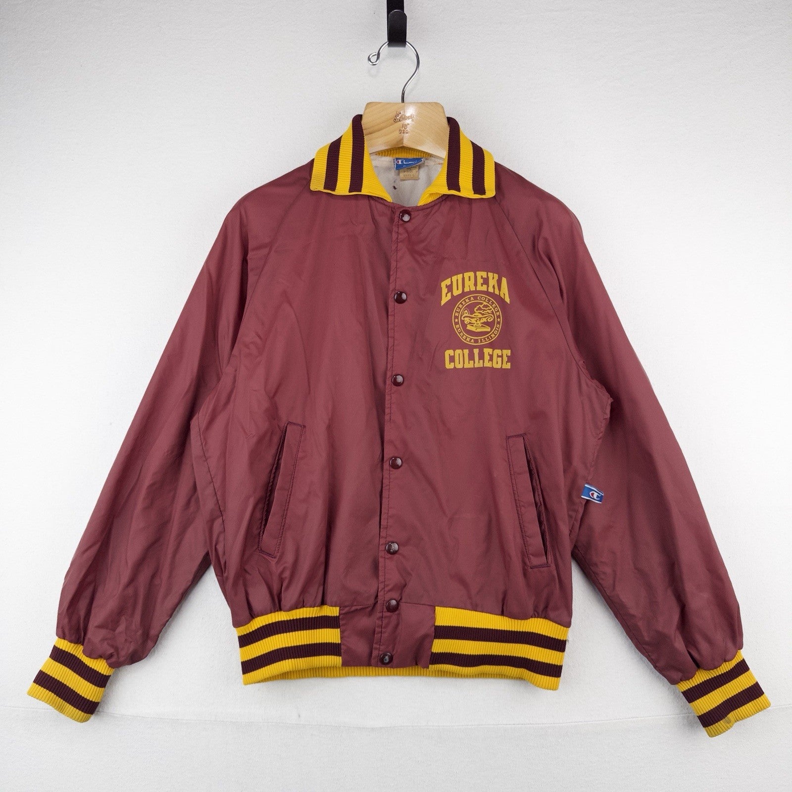 70’s Vtg Champion Eureka College Nylon Varsity Jacket Medium Snap Front Made USA