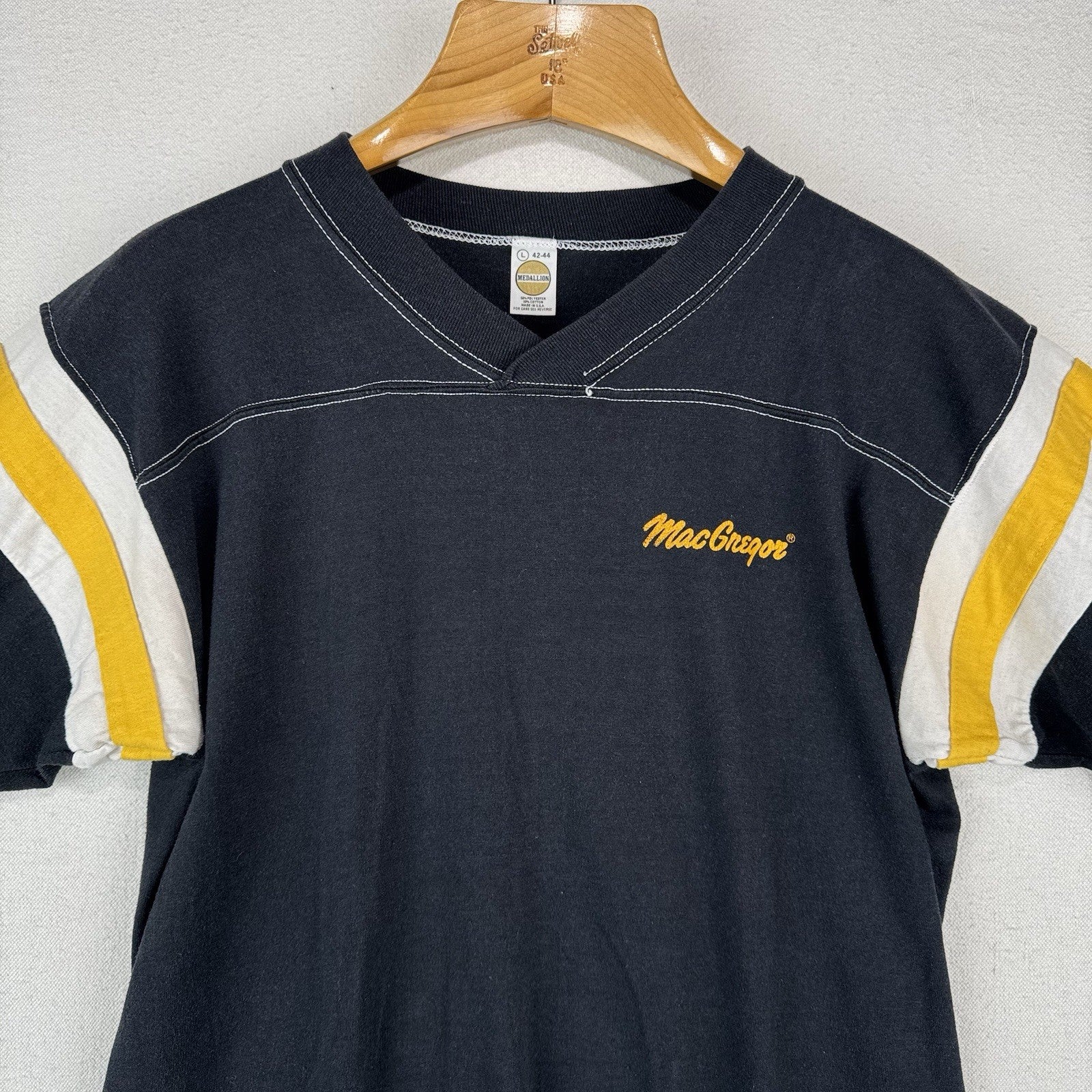 80’s Vintage MacGregor Jersey T-Shirt Large Black & Gold V-neck Made in USA