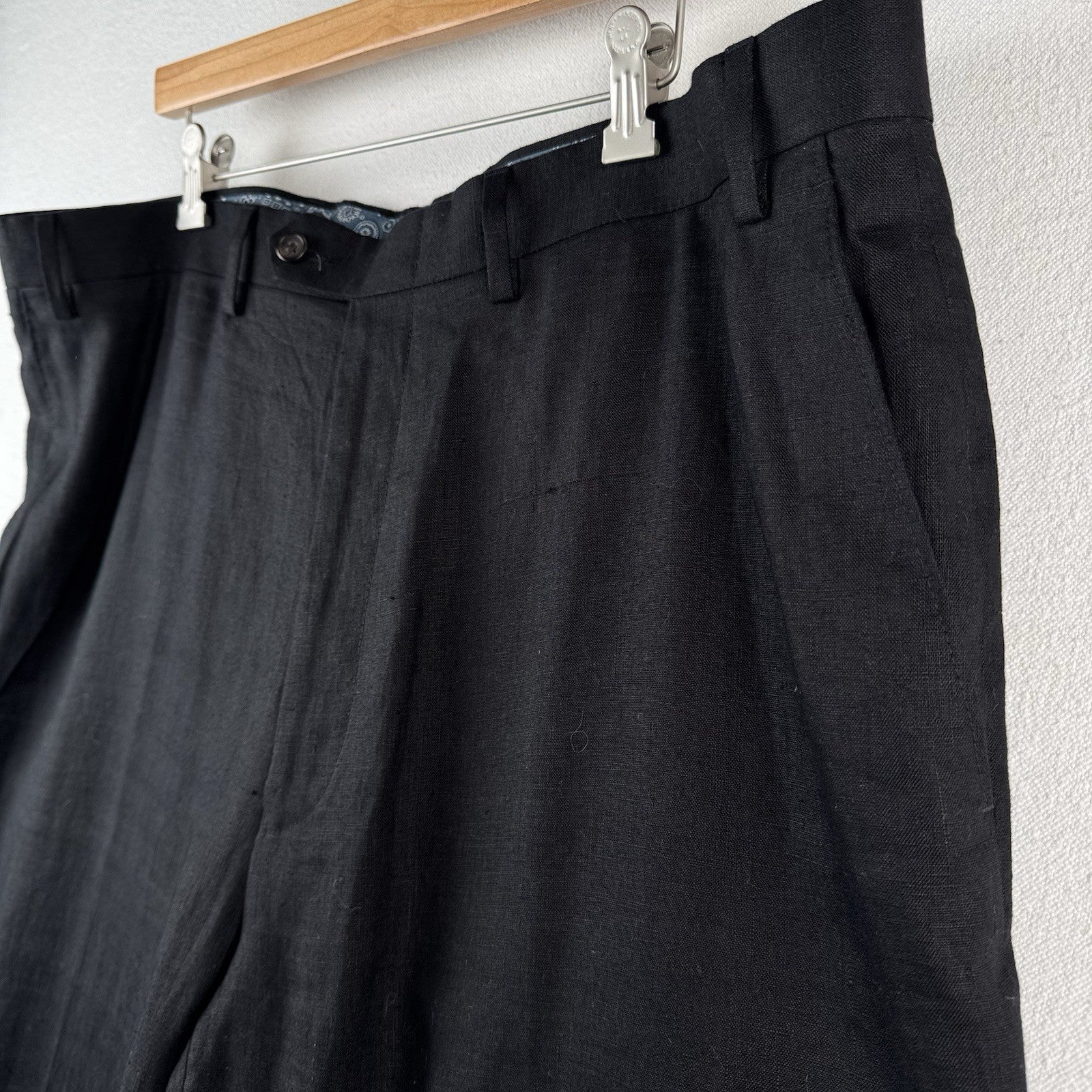Ralph Lauren Solid Black 100 % Linen Pants Flat Front Men’s Trousers Fits 42x31