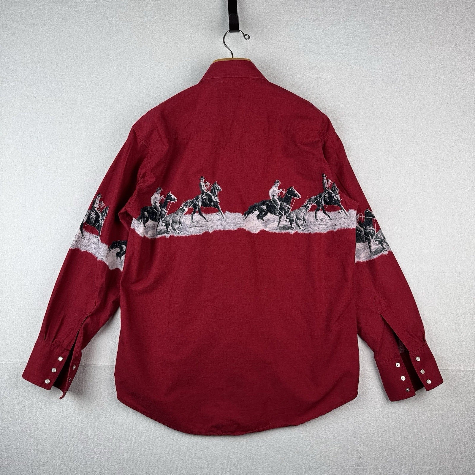 Vtg Wrangler Western Cowboy Print Graphic Pearl Snap Button Shirt Horses XL 46”