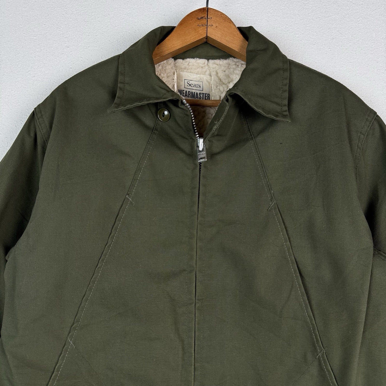 Vintage 60s 70s Sears Wearmaster Green Military Car Coat Parka Fits Chest 42”