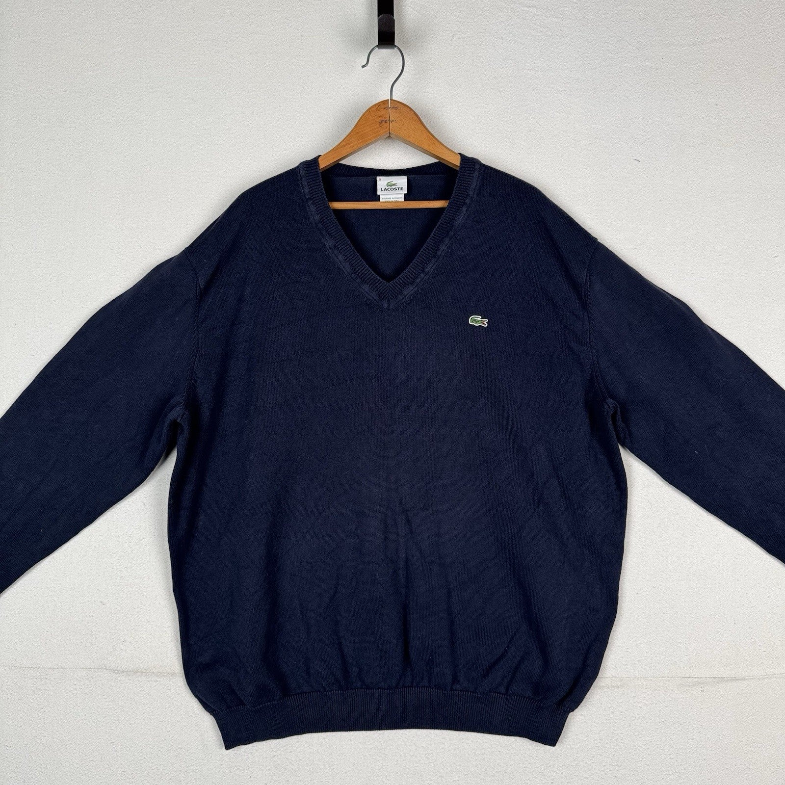 Vintage Lacoste Men’s V-Neck Sweater Navy Blue 3XL Cotton (9)