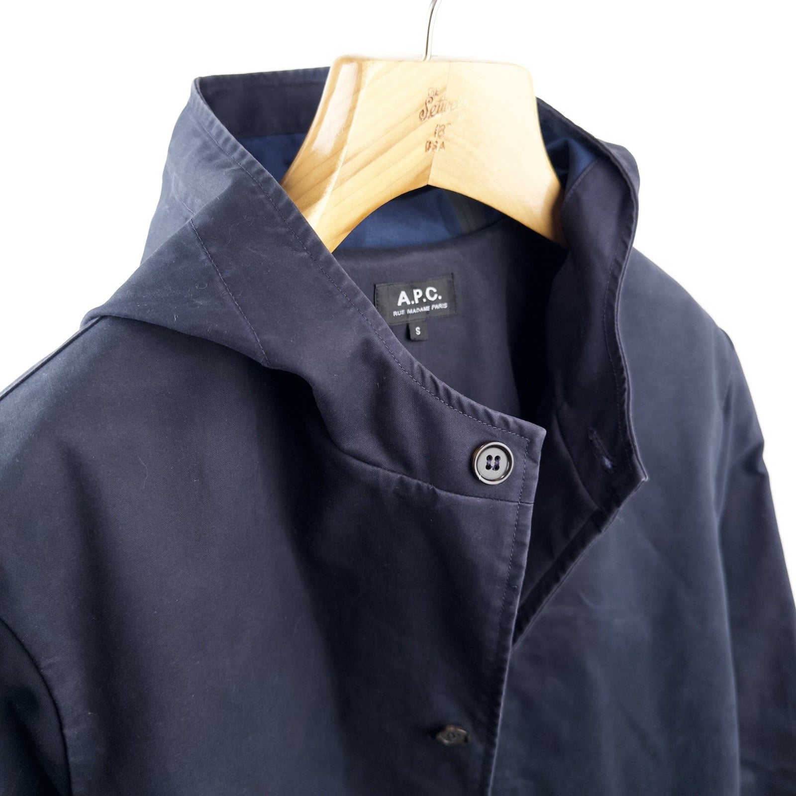 APC Navy Blue Hooded Trench Rain Coat Mac Parka Jacket Men’s Small S