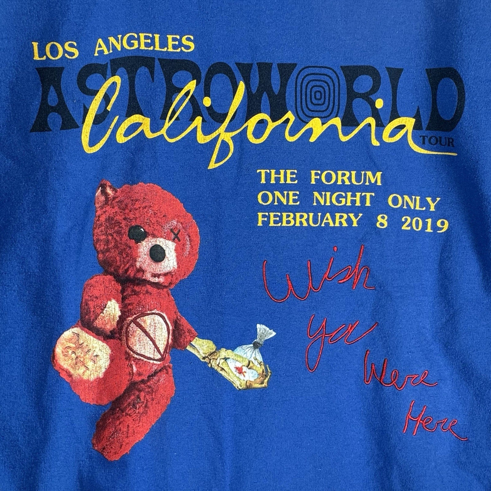 Travis Scott Astroworld 2019 LA The Forum Wish You Were Here Blue Hoodie Large