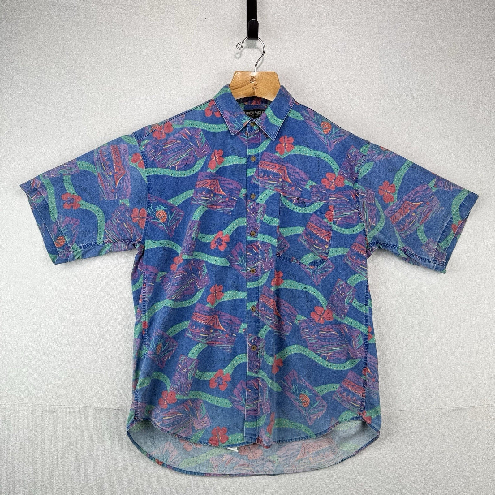 90's Vtg American Eagle Hawaiian Shirt Men's L Oversized Floral Made In USA Rare