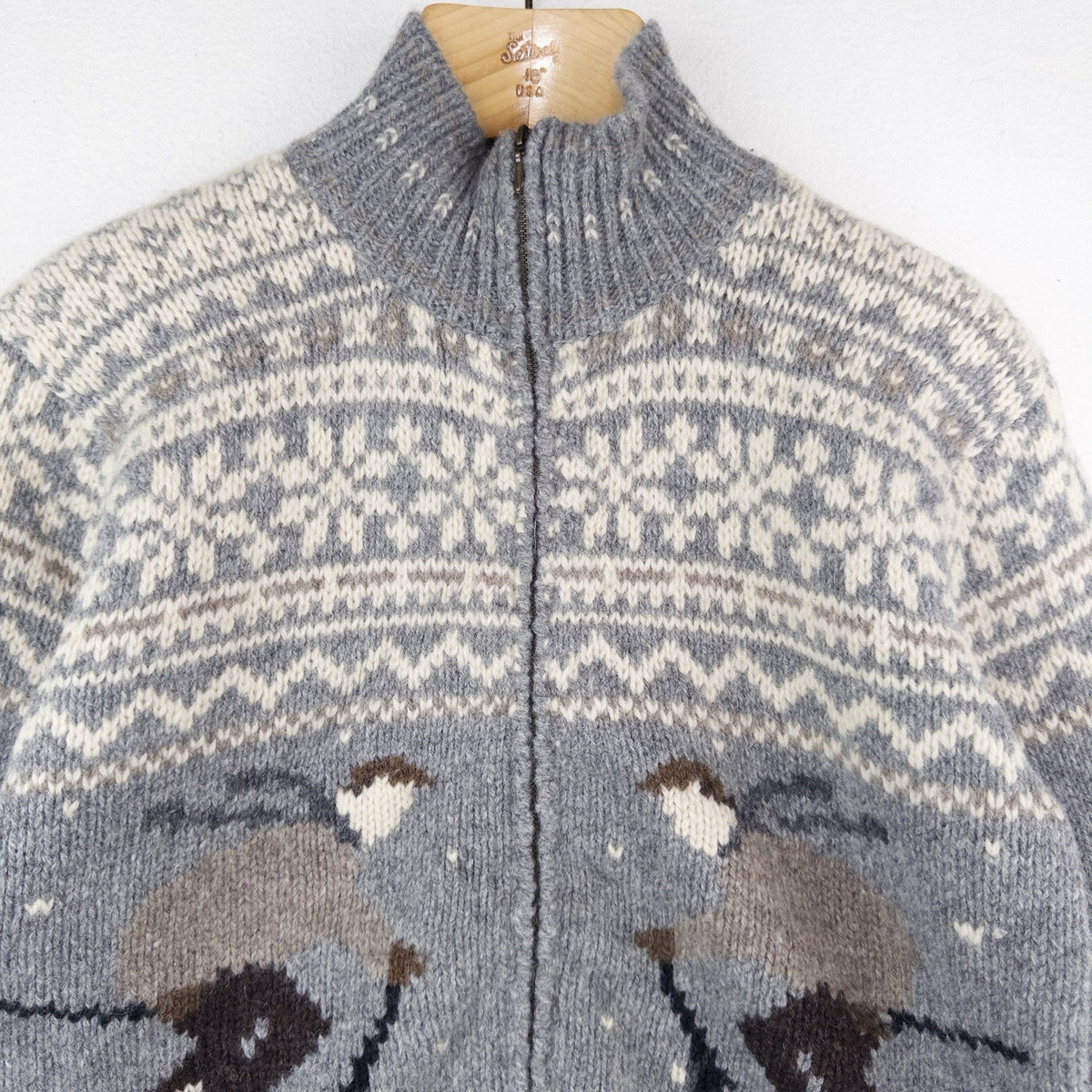 90’s Vtg Cowichan Wool Ski Graphic Fair Isle Sweater Knit Wool Zip Women’s L