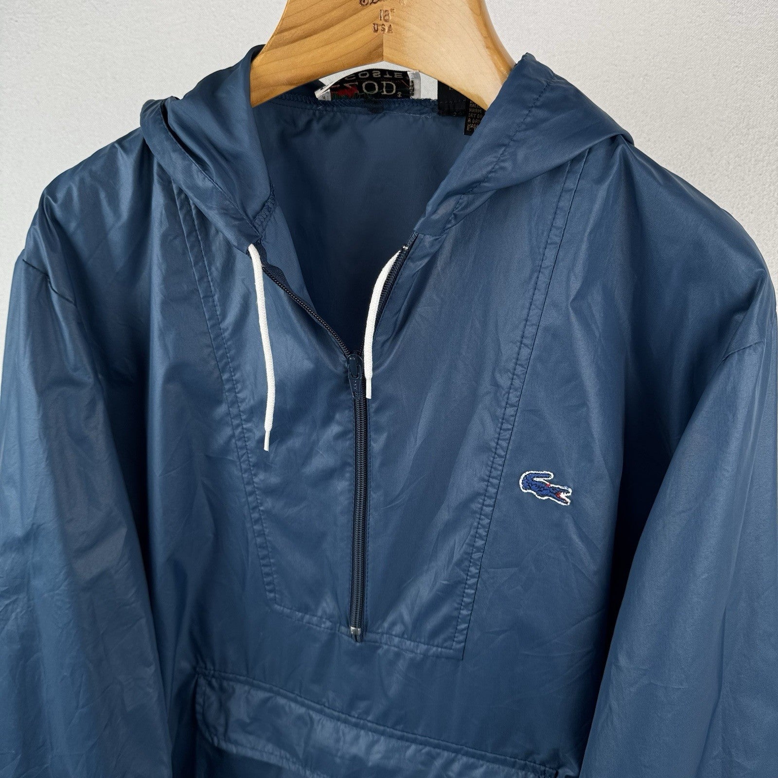 70’s Vtg Lacoste Izod Packable Windbreaker Men's L Kangaroo Pouch 1/4 Zip Blue
