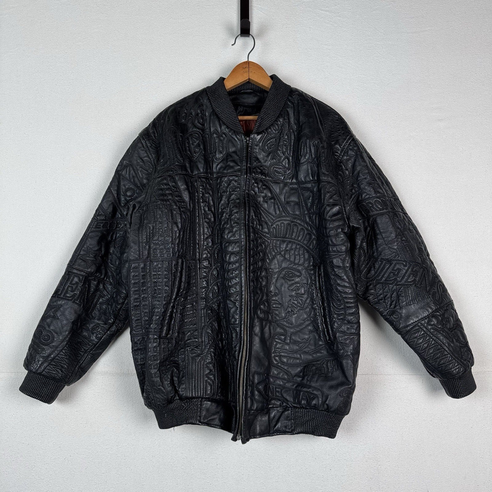 Vtg East Side Outerwear NYC Embroidered Leather Bomber Jacket Men’s  XL -Read*