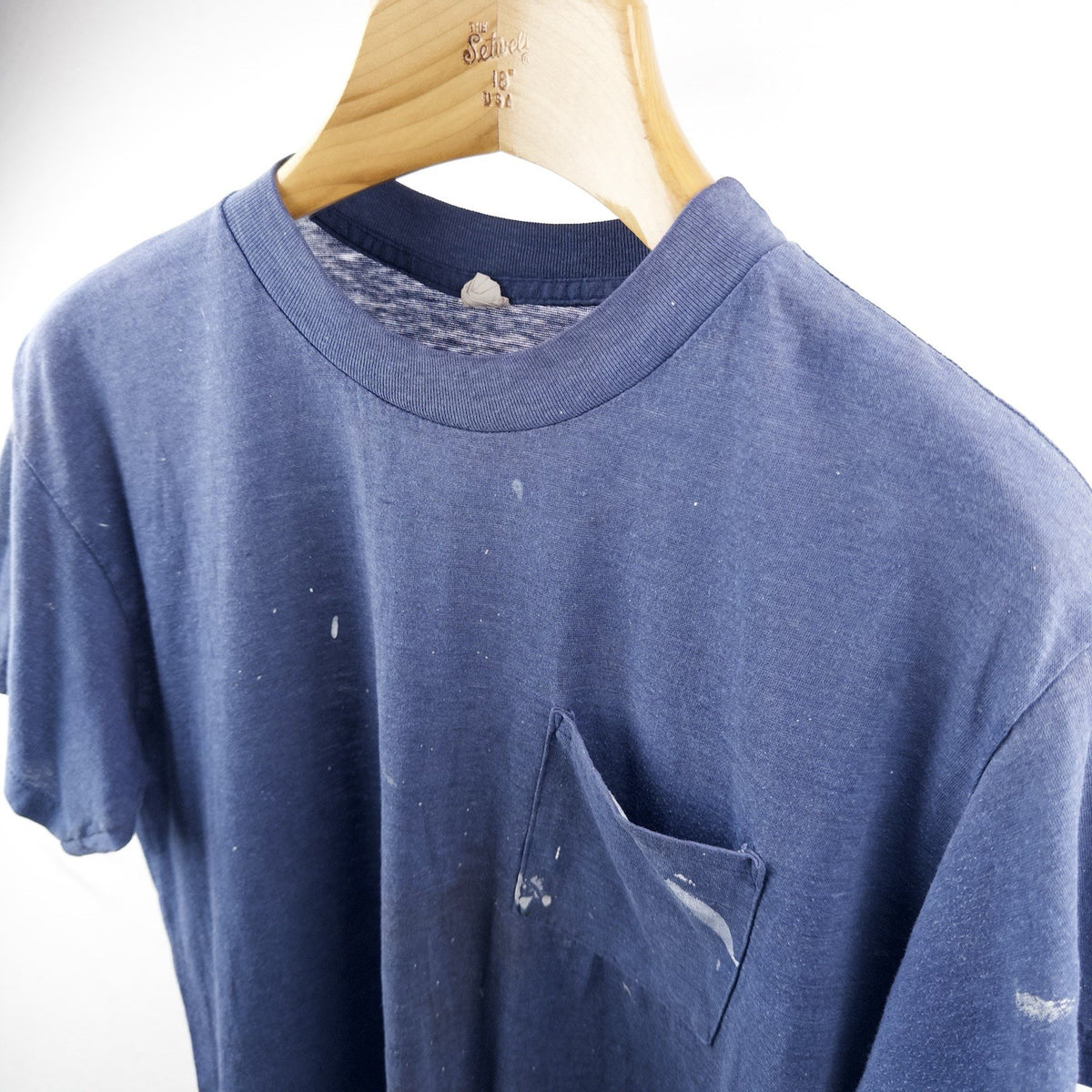70’s Vtg Thin Selvedge Front Pocket Blank Sun Faded T-Shirt Youth Large Blue