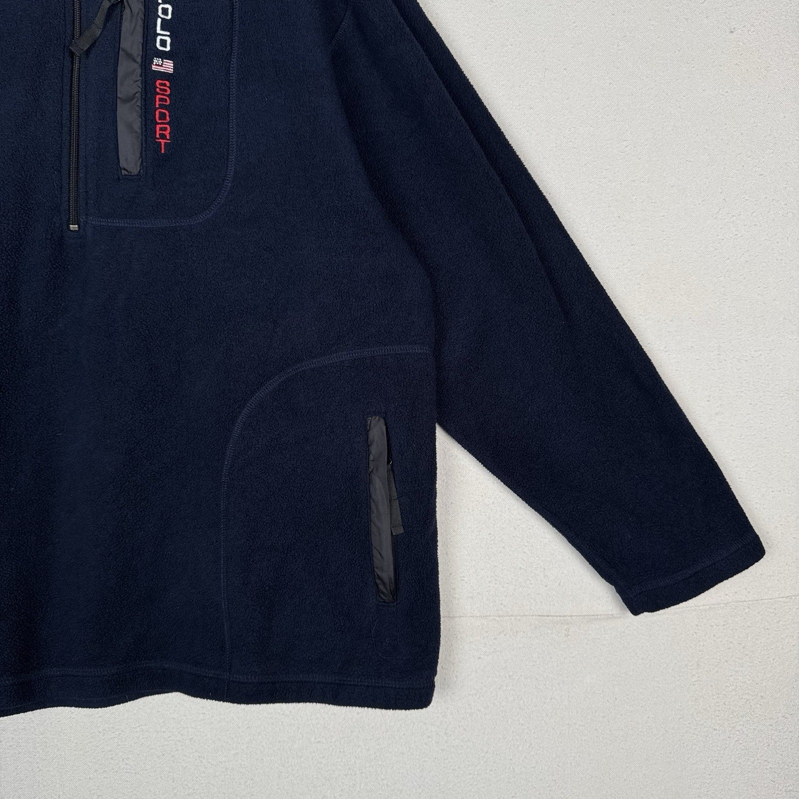 Vintage 90s Polo Sport Ralph Lauren 1/4 Zip Jacket Mens XL Blue Fleece Spellout