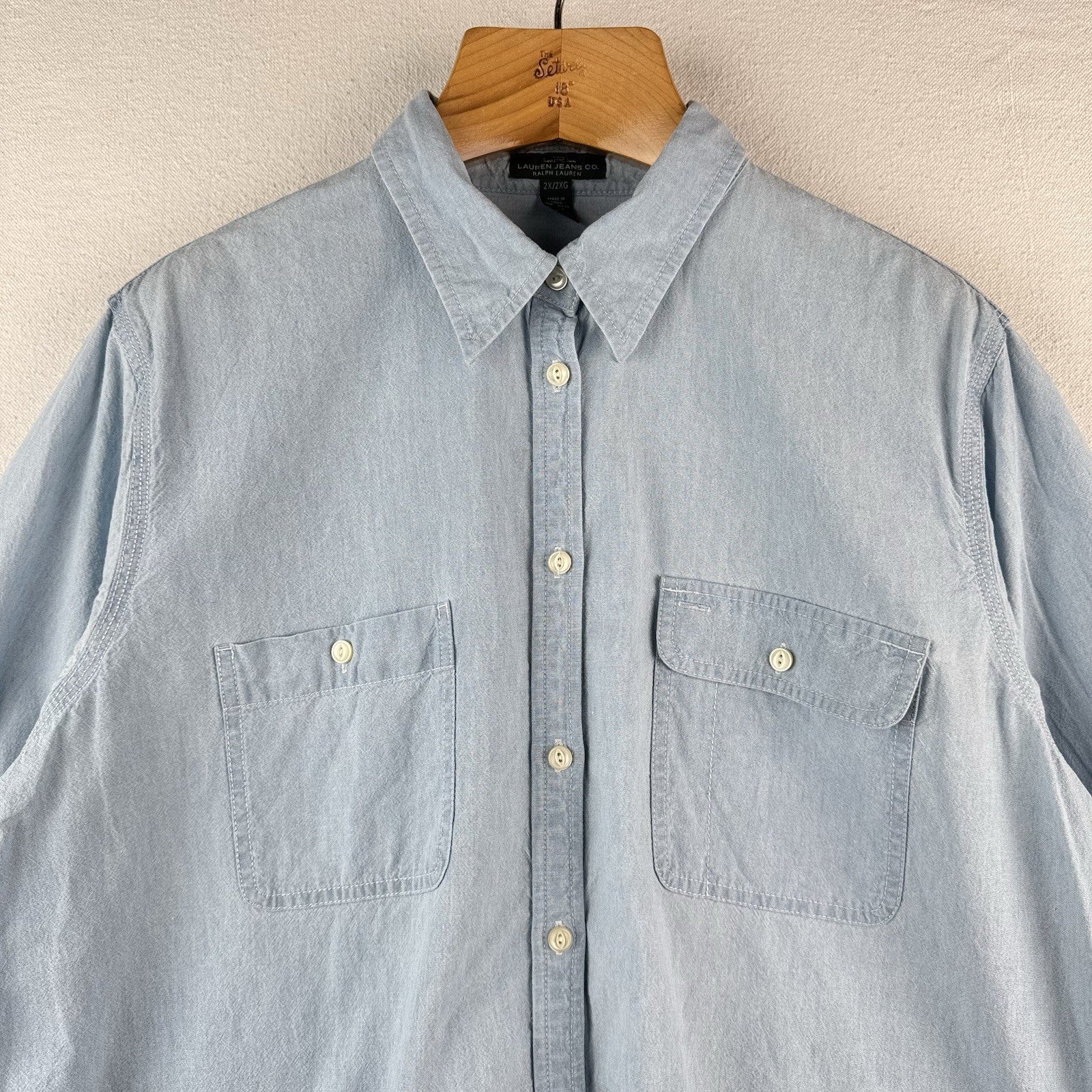 Lauren Ralph Lauren Women's 2X Blue Chambray Button Down Shirt 100% Cotton