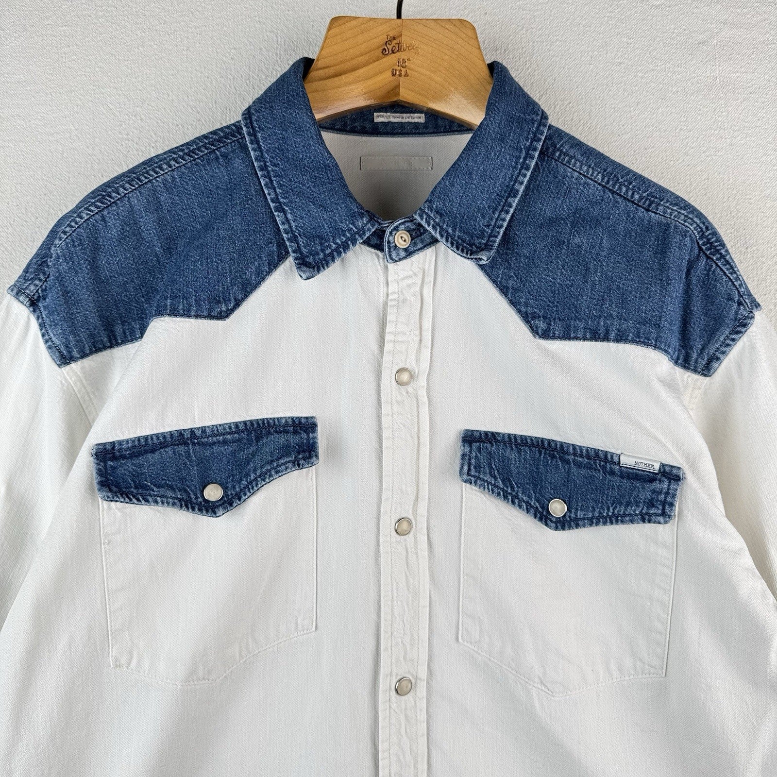 Mother Denim Tycoon TwoTone Western Shirt White Denim Pearl Snap Large USA *Read