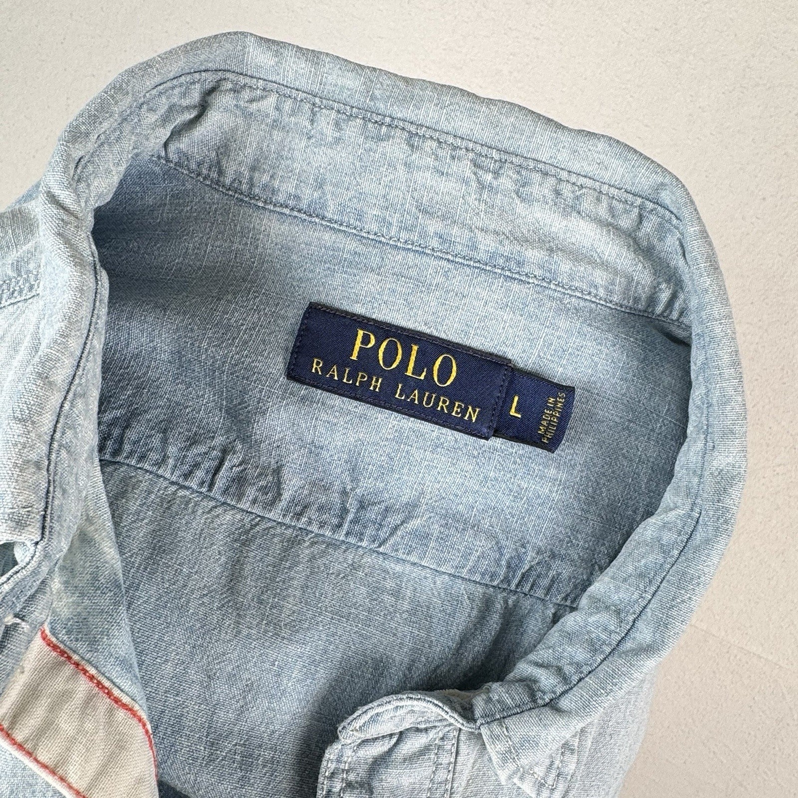 90s Polo Ralph Lauren Men’s Large Chambray Denim Shirt Blue Yacht Club RLYC Flag