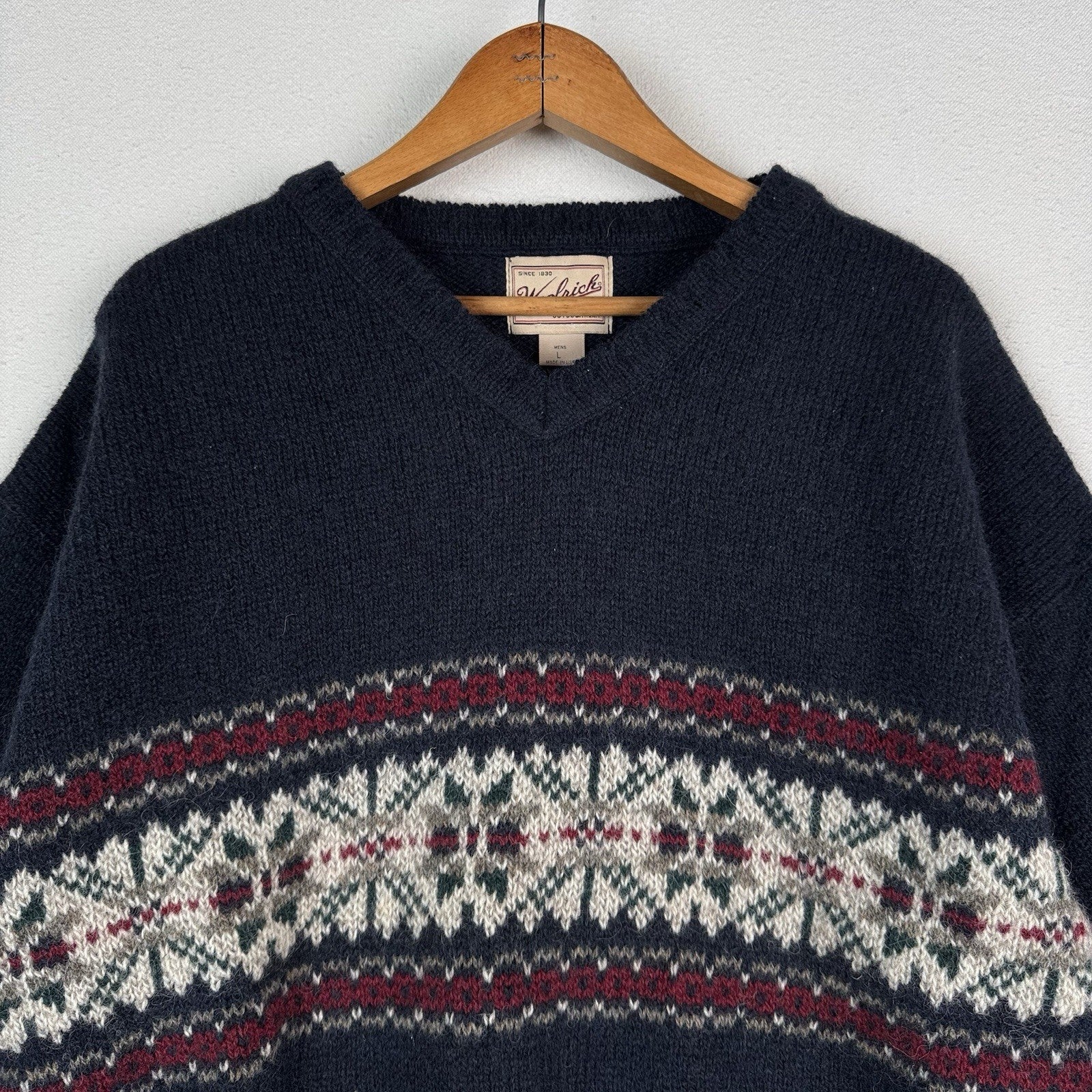 Vtg Woolrich Mens Blue Wool Blend Nordic Fair Isle Long Sleeve Sweater Large USA