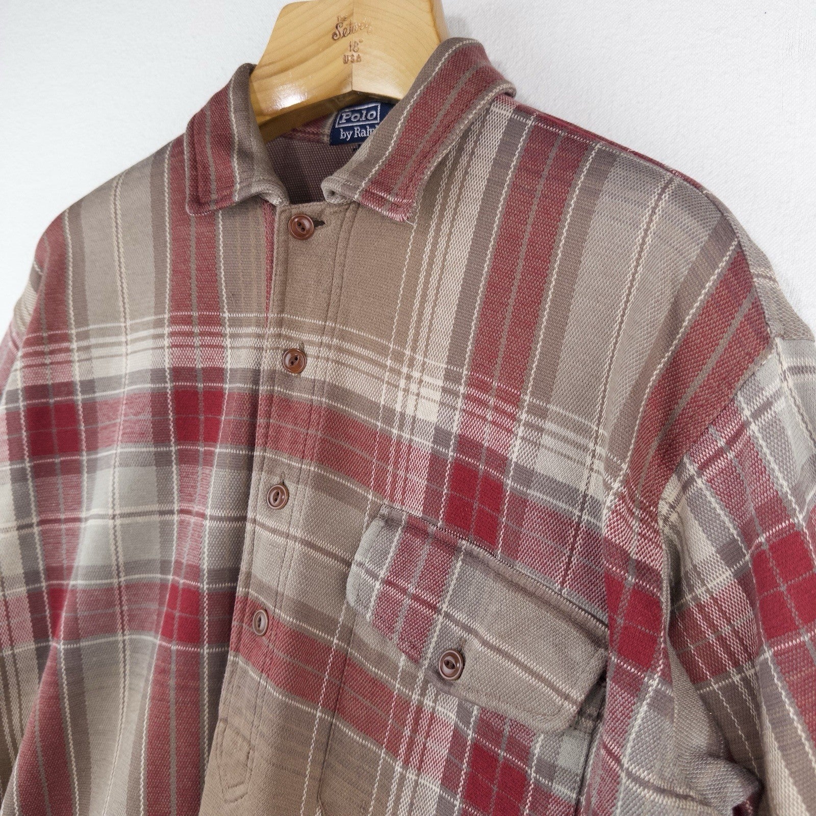 90’s Vtg Polo Ralph Lauren Men’s M Tan Brown Plaid Half Button Popover Shirt