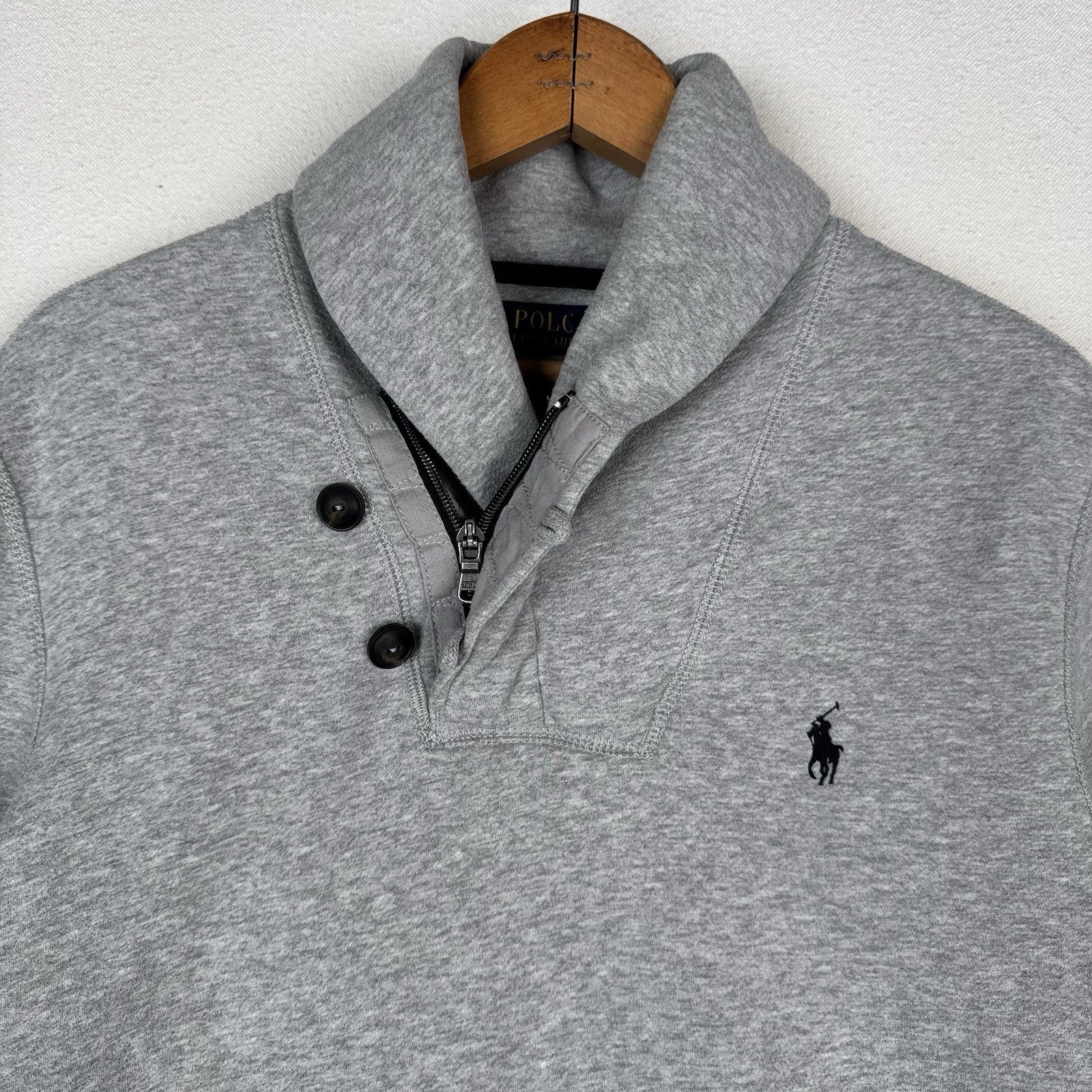 Polo Ralph Lauren Men’s Medium Jersey Shawl Collar Sweater Gray Button Zip